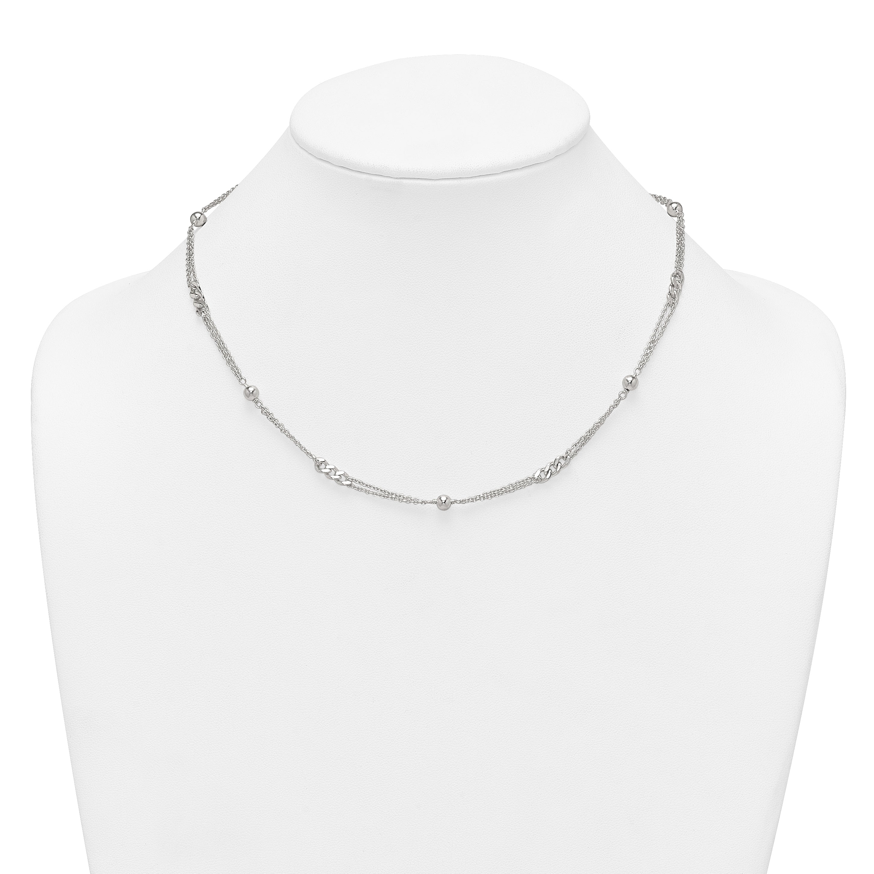 Sterling Silver Polished and Beaded Fancy Double-Strand Link 17.5 inch Necklace