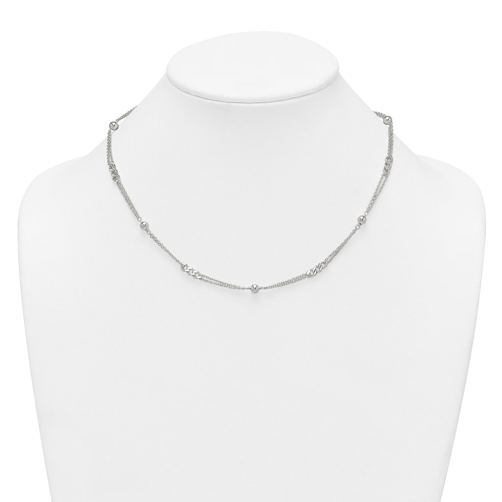 Sterling Silver Polished and Beaded Fancy Double-Strand Link 17.5 inch Necklace