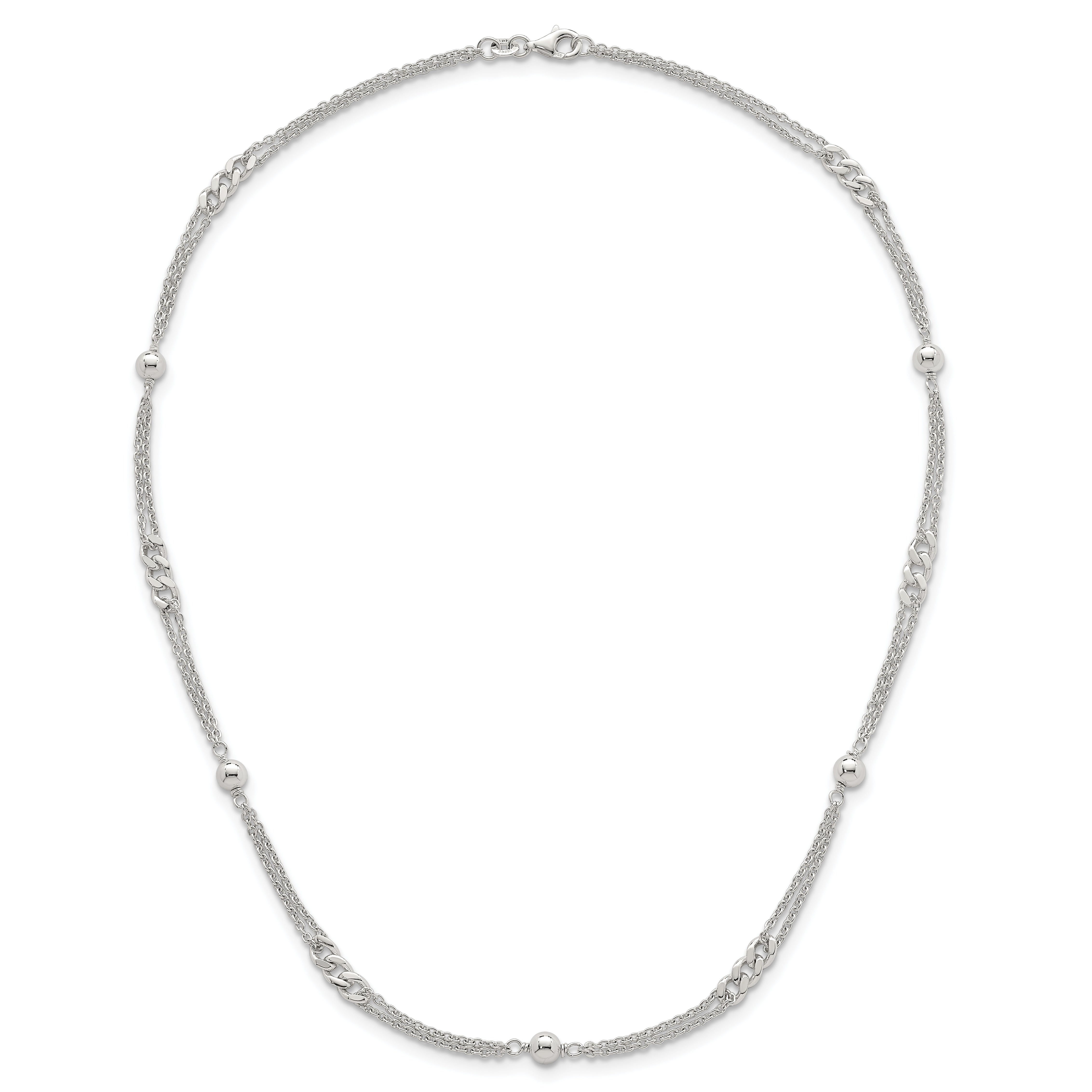 Sterling Silver Polished and Beaded Fancy Double-Strand Link 17.5 inch Necklace