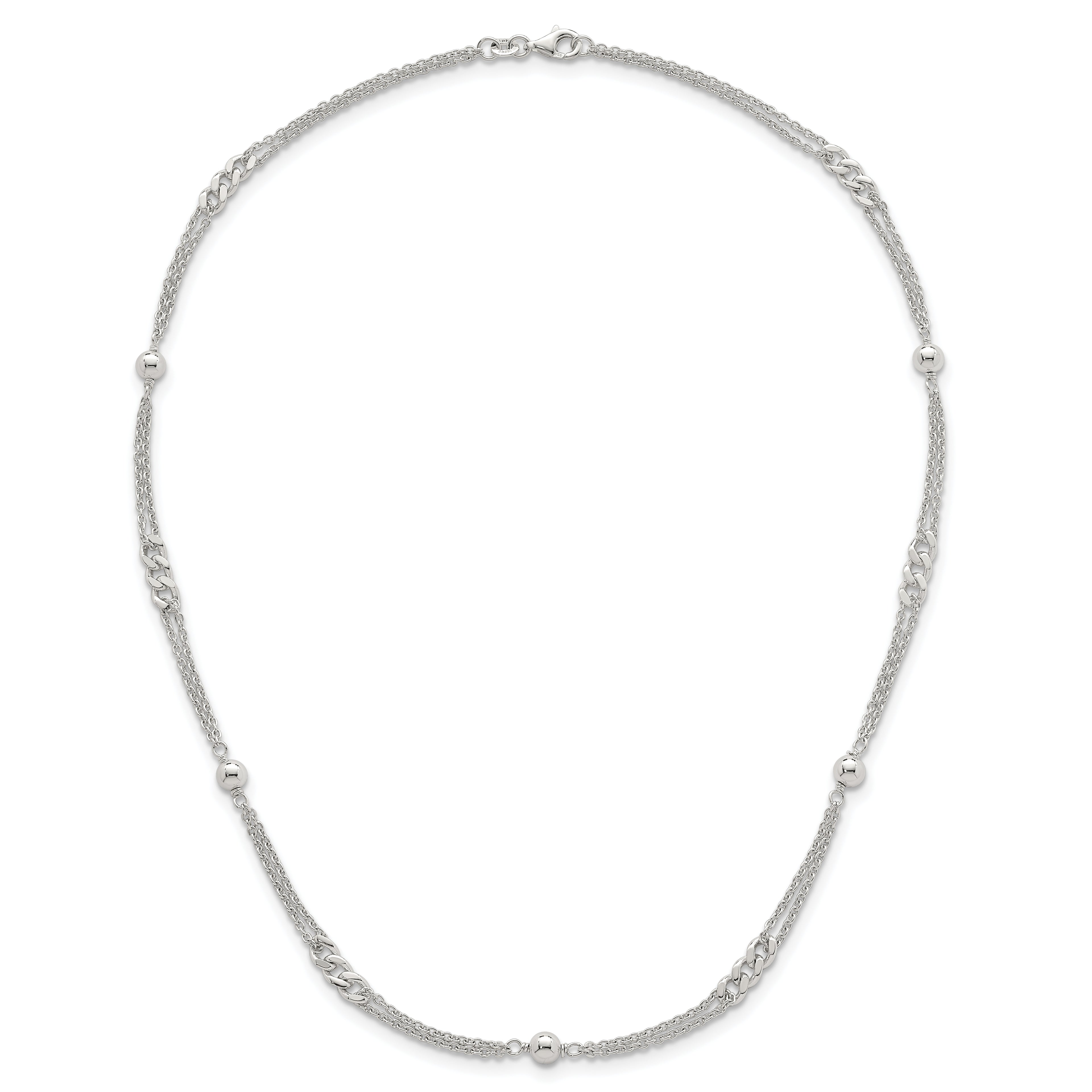 Sterling Silver Polished and Beaded Fancy Double-Strand Link 17.5 inch Necklace