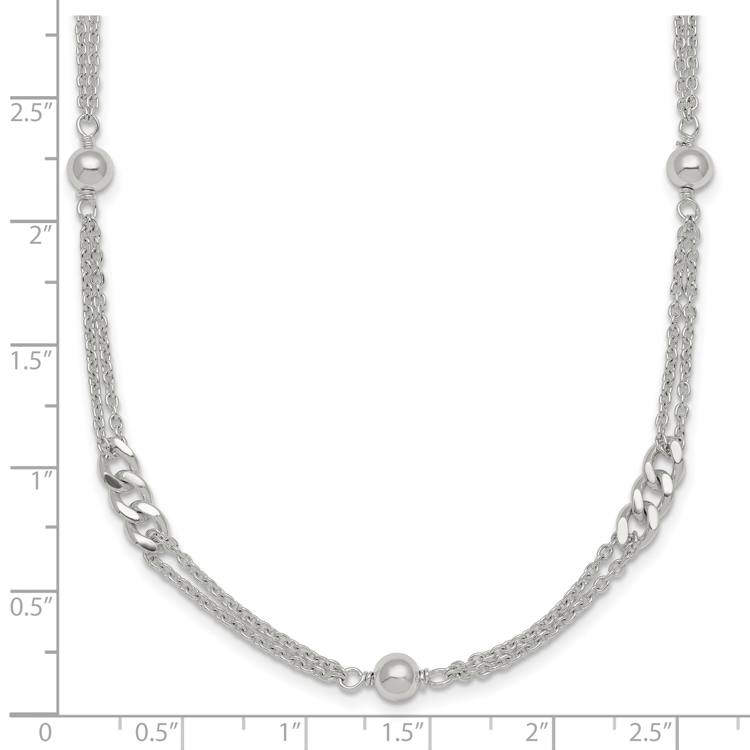 Sterling Silver Polished and Beaded Fancy Double-Strand Link 17.5 inch Necklace