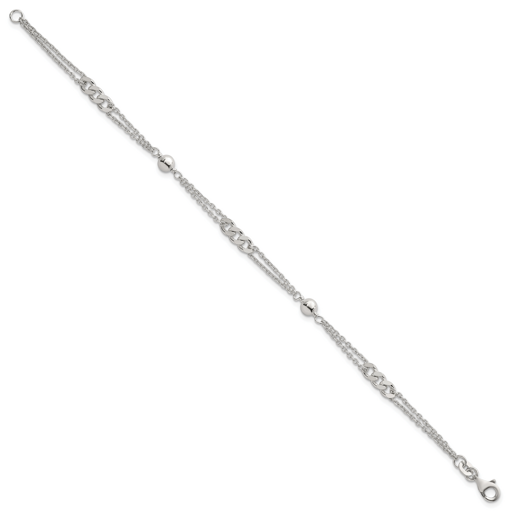 Sterling Silver Polished and Beaded Fancy Double-Strand Link 7.25 inch Bracelet