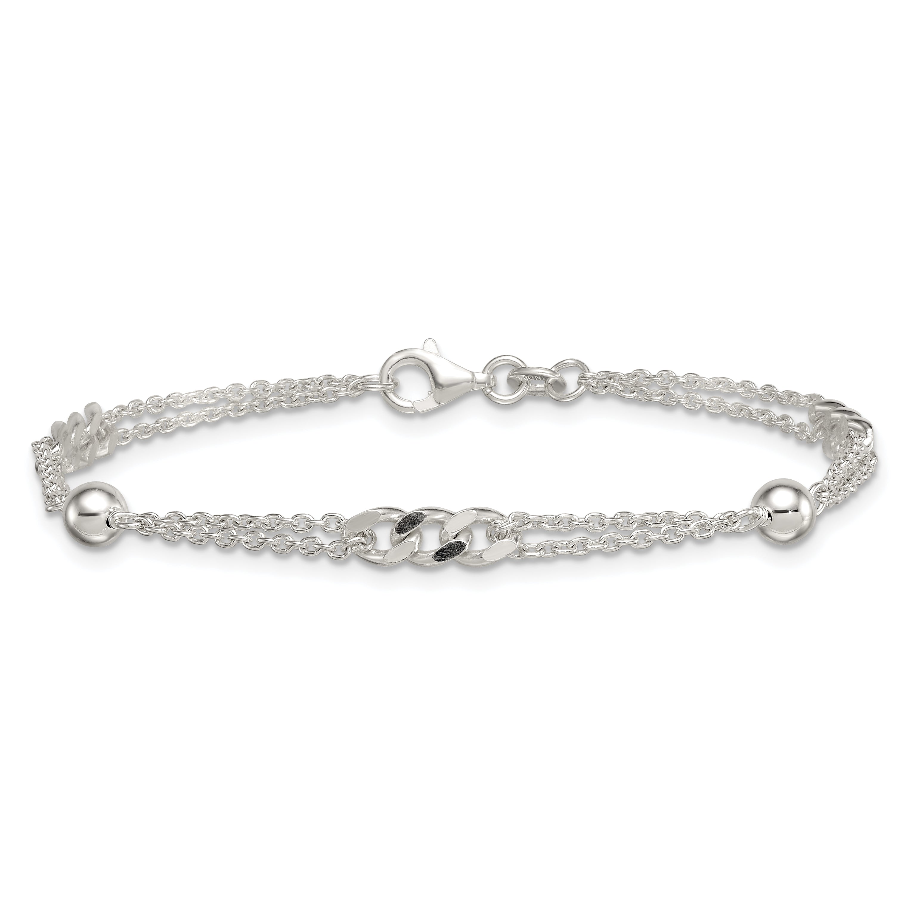 Sterling Silver Polished and Beaded Fancy Double-Strand Link 7.25 inch Bracelet