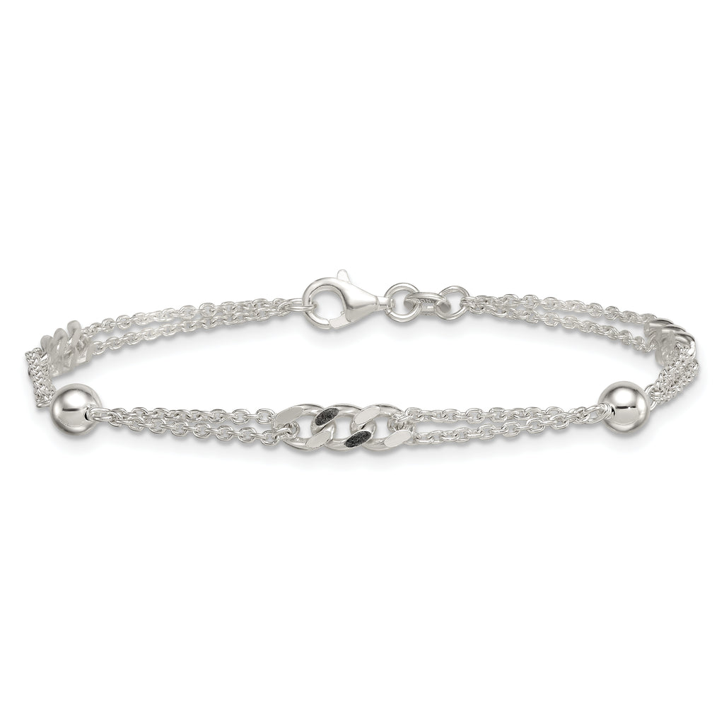 Sterling Silver Polished and Beaded Fancy Double-Strand Link 7.25 inch Bracelet
