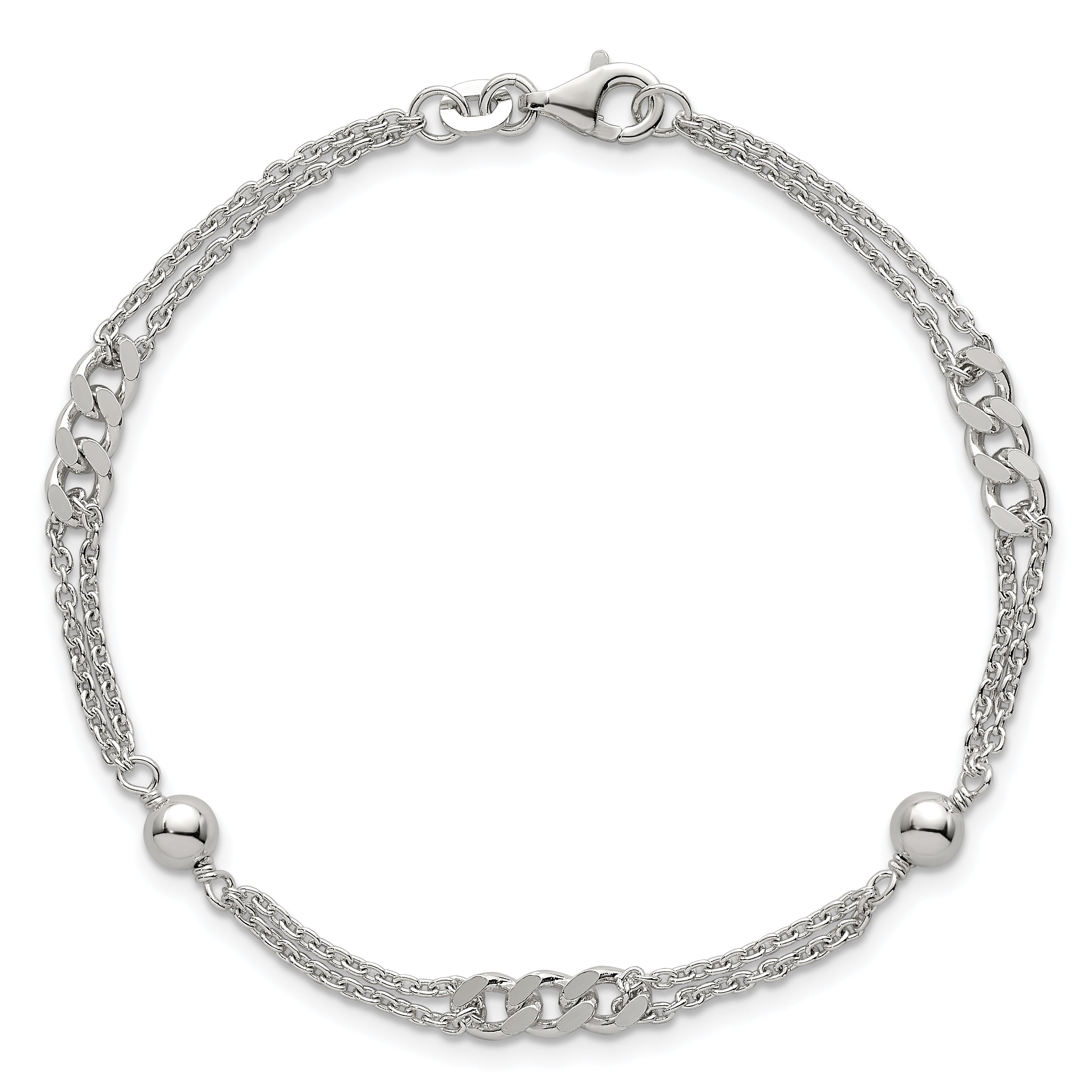 Sterling Silver Polished and Beaded Fancy Double-Strand Link 7.25 inch Bracelet