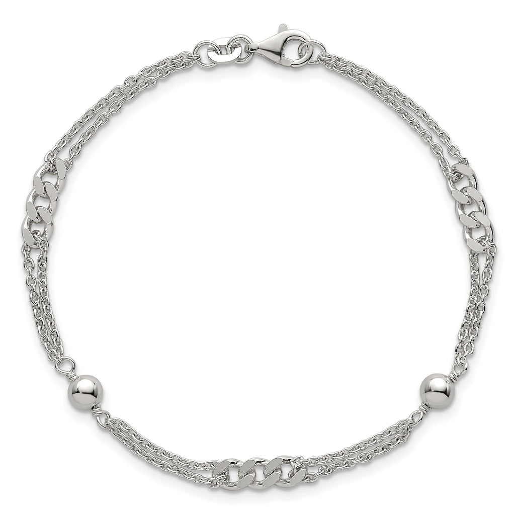 Sterling Silver Polished and Beaded Fancy Double-Strand Link 7.25 inch Bracelet