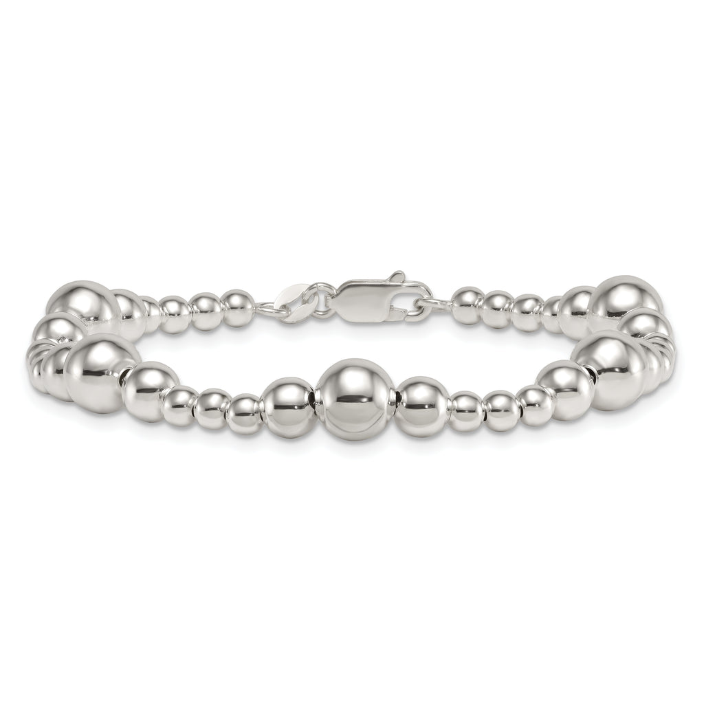Sterling Silver Polished and Multi-Size Beads 7.5 Inch Bracelet