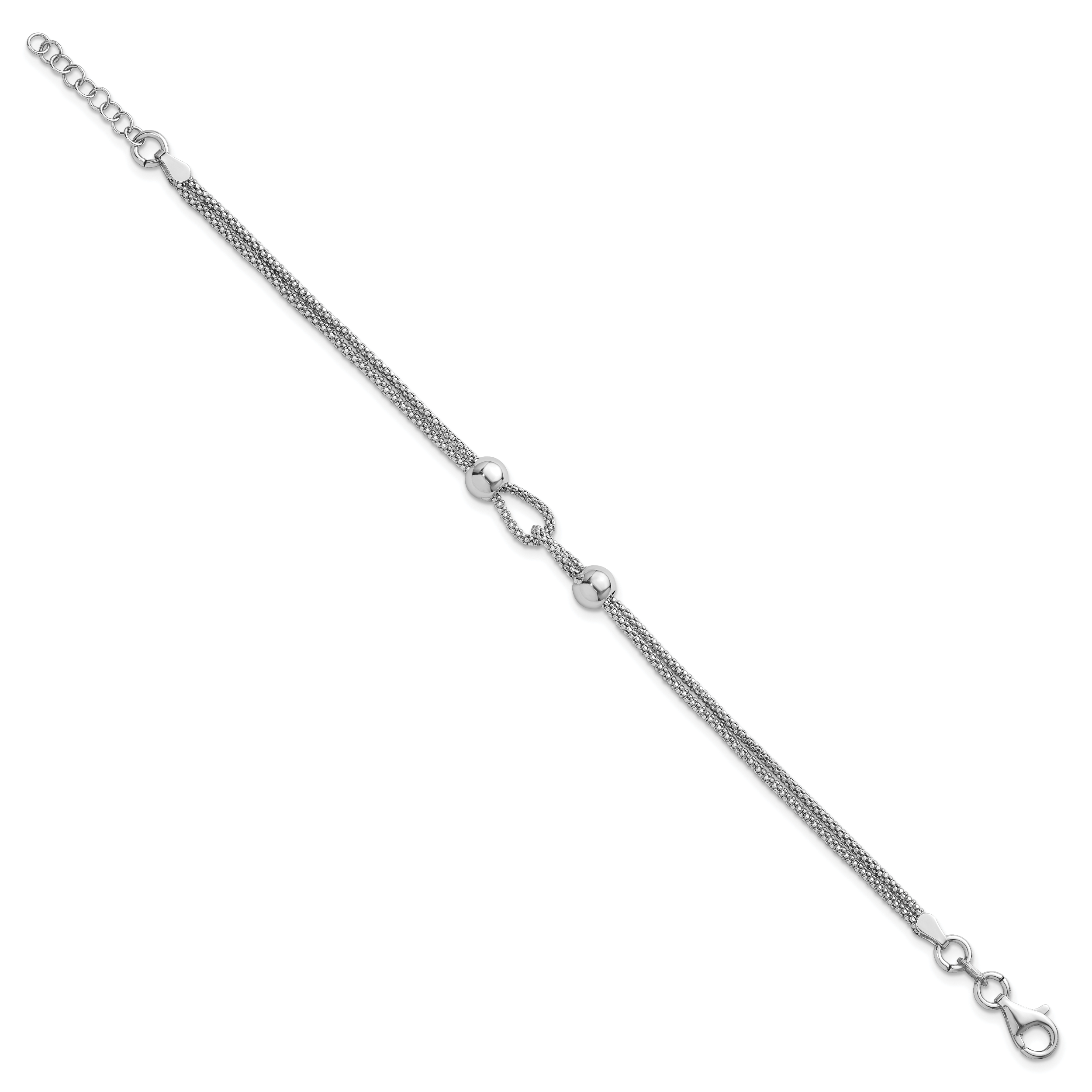 Sterling Silver Rhodium-plated Polished Beads Double Strand Mesh 7 inch with 0.75 inch Extender Bracelet Secondary image