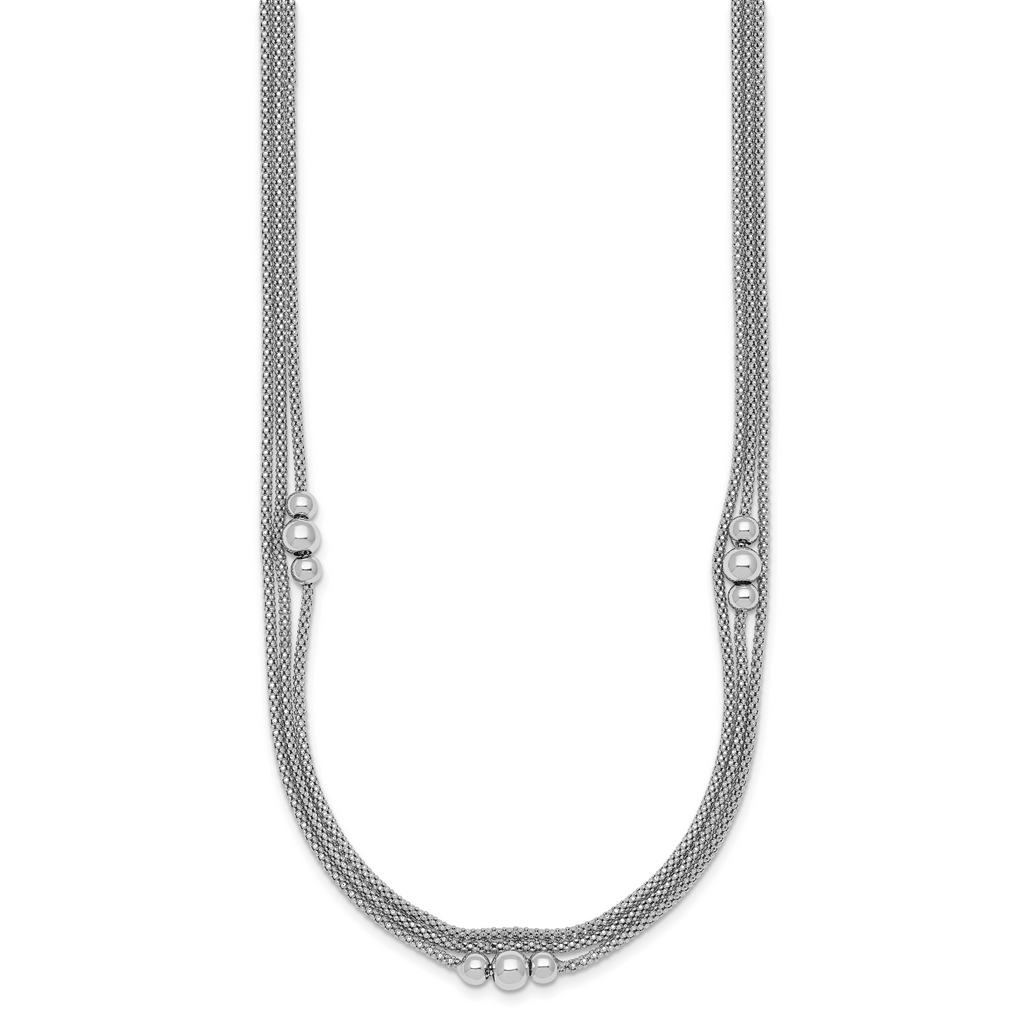 Sterling Silver Rhodium-plated Beaded Triple Strand Mesh 17 inch with 1 inch Extension Necklace