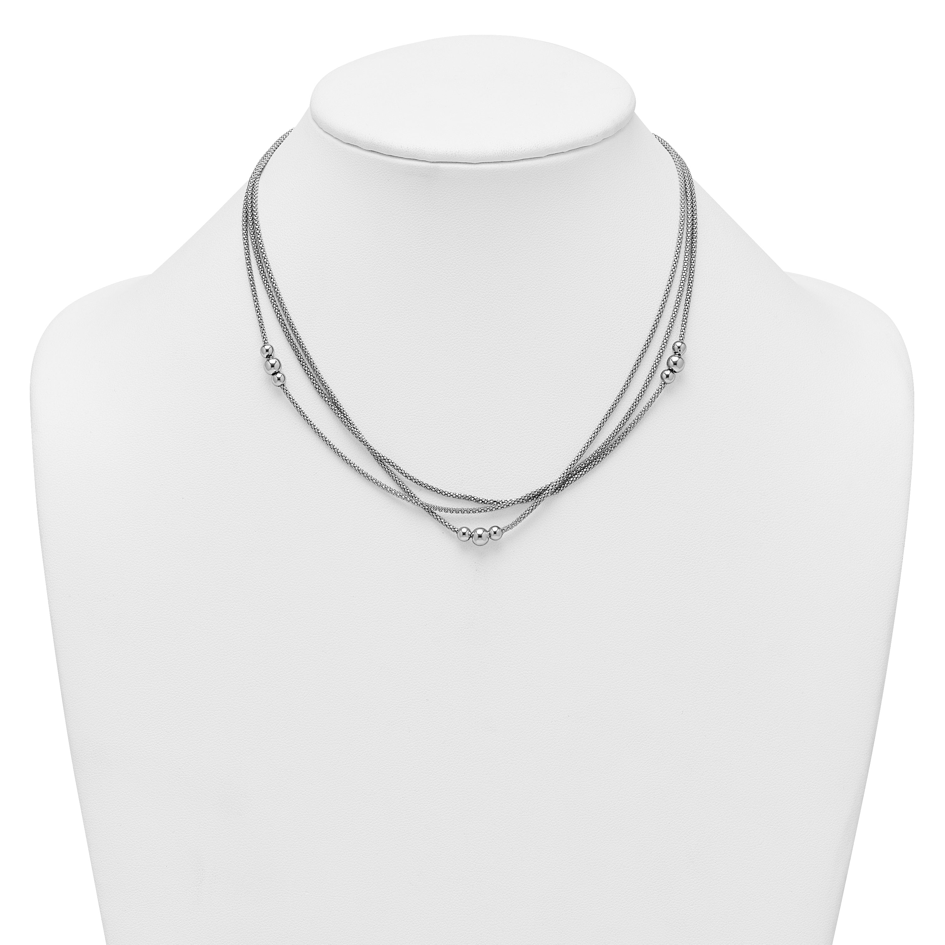 Sterling Silver Rhodium-plated Beaded Triple Strand Mesh 17 inch with 1 inch Extension Necklace