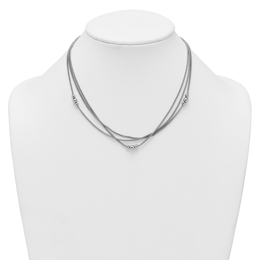Sterling Silver Rhodium-plated Beaded Triple Strand Mesh 17 inch with 1 inch Extension Necklace