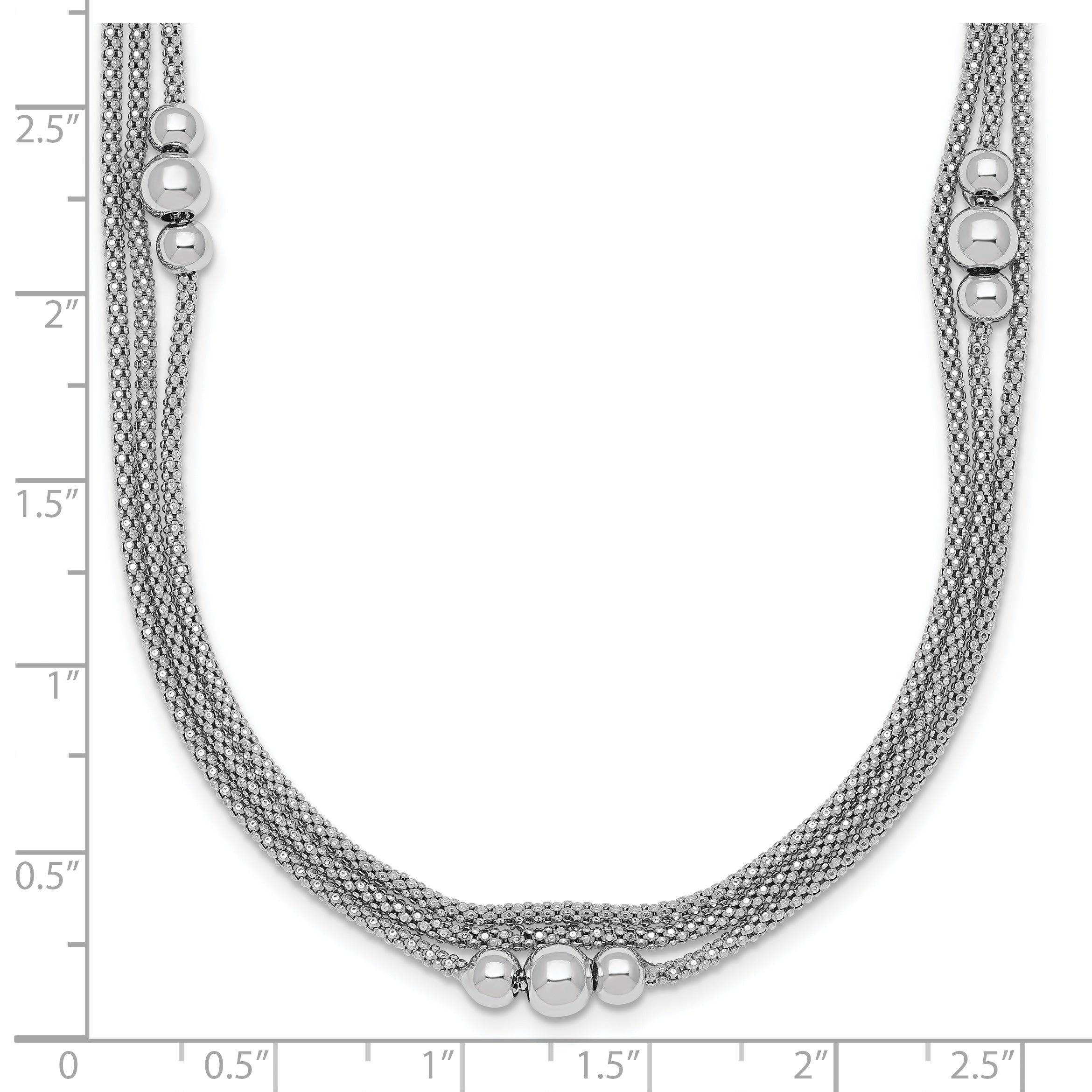 Sterling Silver Rhodium-plated Beaded Triple Strand Mesh 17 inch with 1 inch Extension Necklace