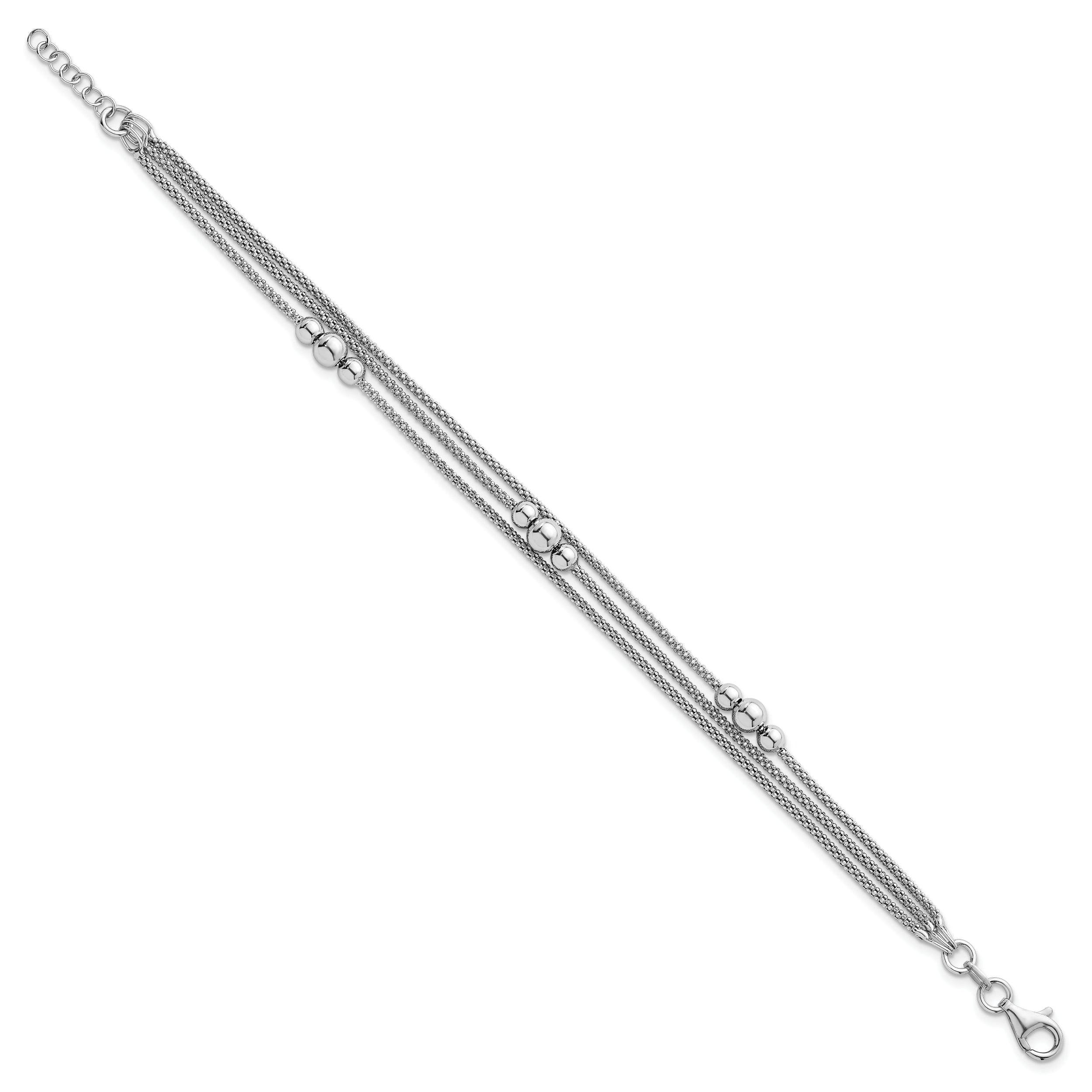 Sterling Silver Rhodium-plated Beaded Triple Strand Mesh 7 inch with 0.5 inch Extension Bracelet