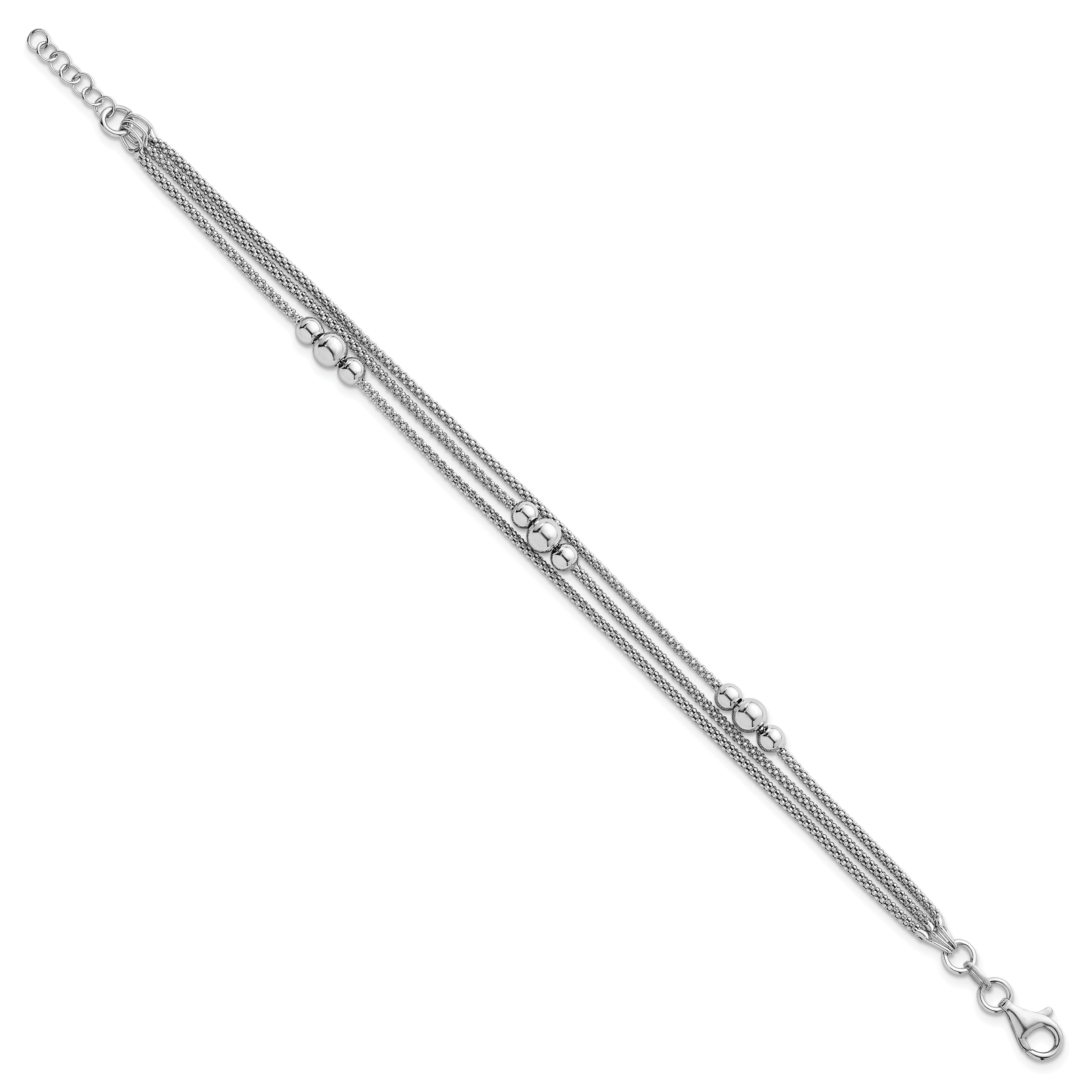 Sterling Silver Rhodium-plated Beaded Triple Strand Mesh 7 inch with 0.5 inch Extension Bracelet Secondary image