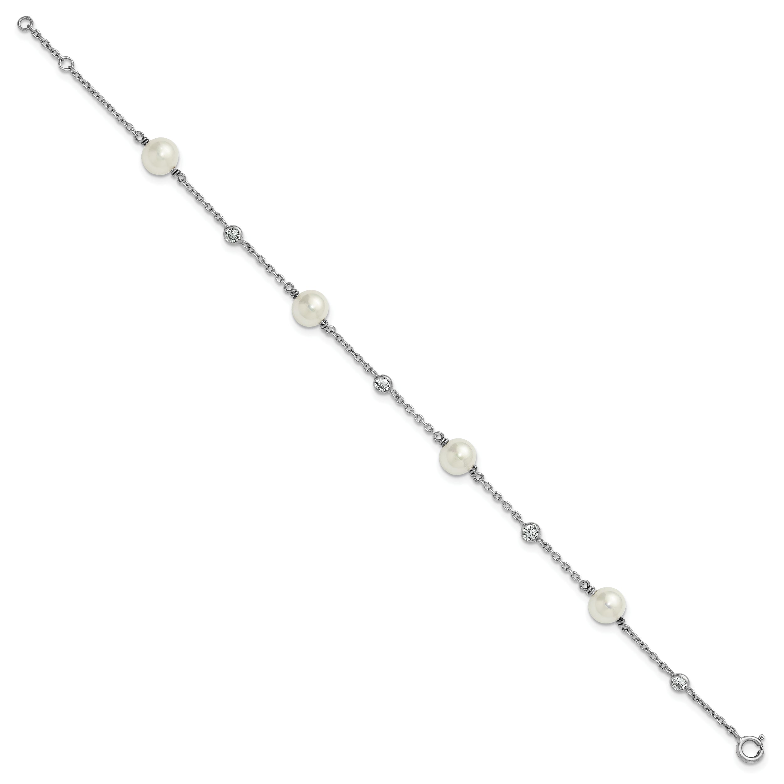 Sterling Silver Rhodium-plated Polished CZ and Shell Pearl 8-Station 7 inch with 0.5 inch Extender Bracelet