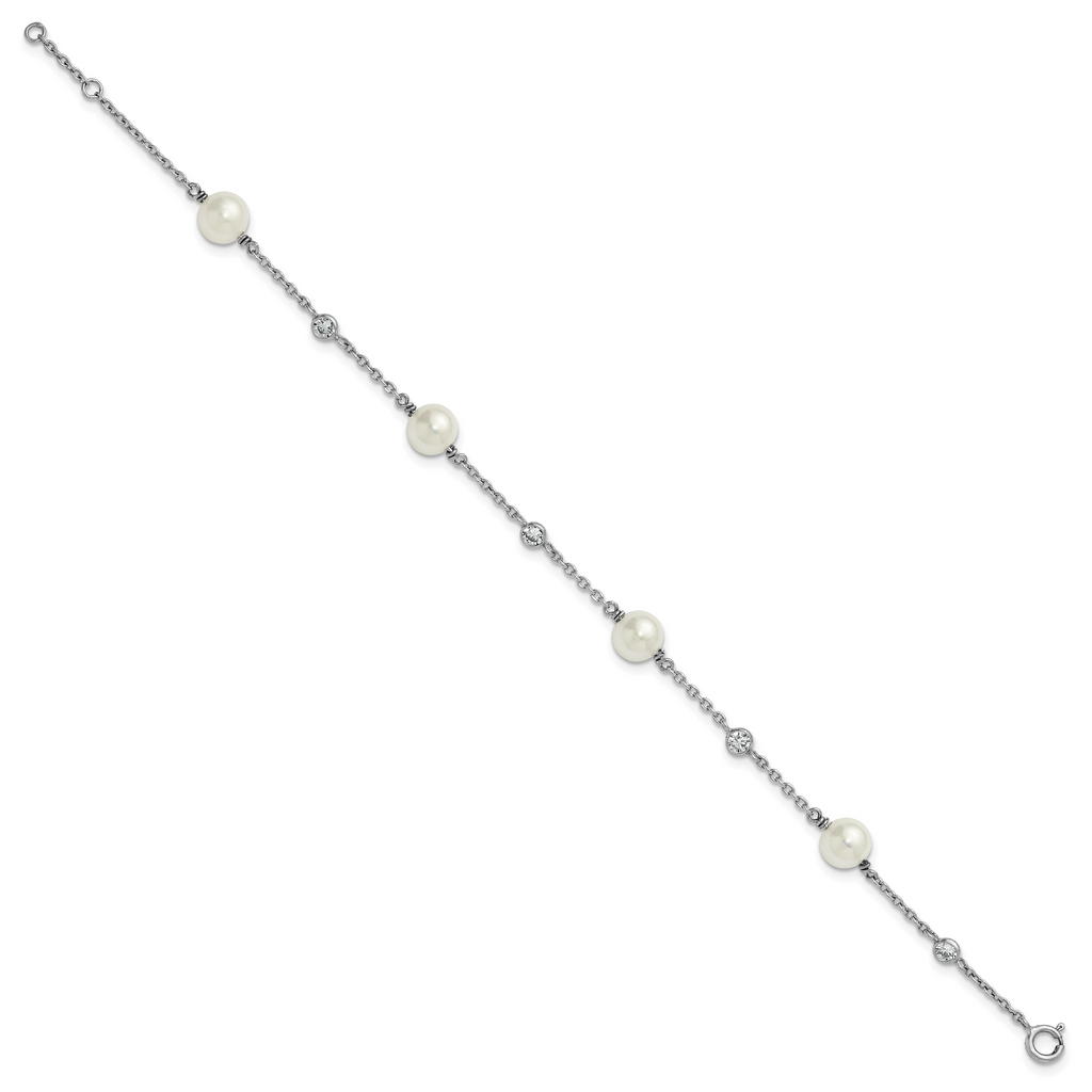 Sterling Silver Rhodium-plated Polished CZ and Shell Pearl 8-Station 7 inch with 0.5 inch Extender Bracelet