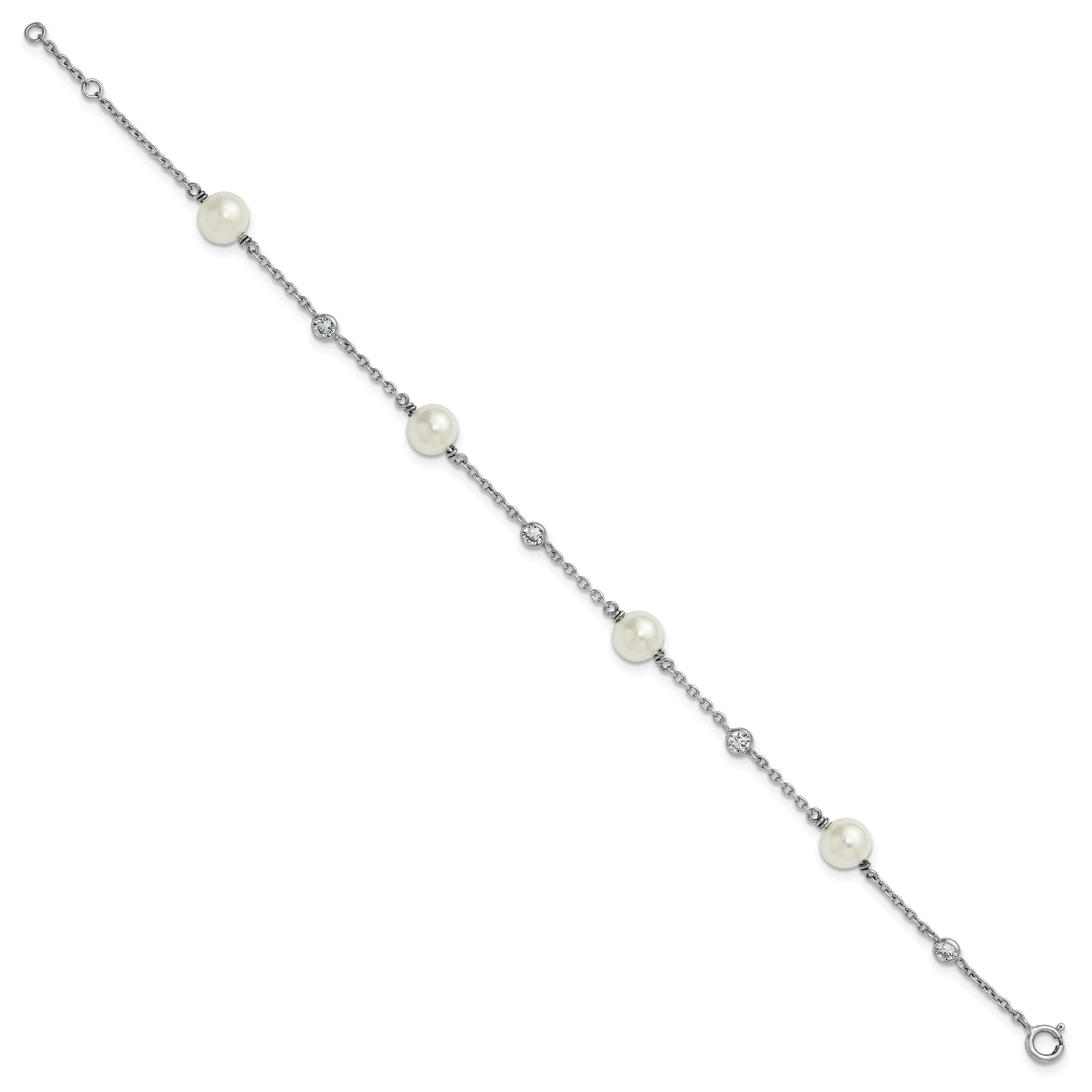 Sterling Silver Rhodium-plated Polished CZ and Shell Pearl 8-Station 7 inch with 0.5 inch Extender Bracelet
