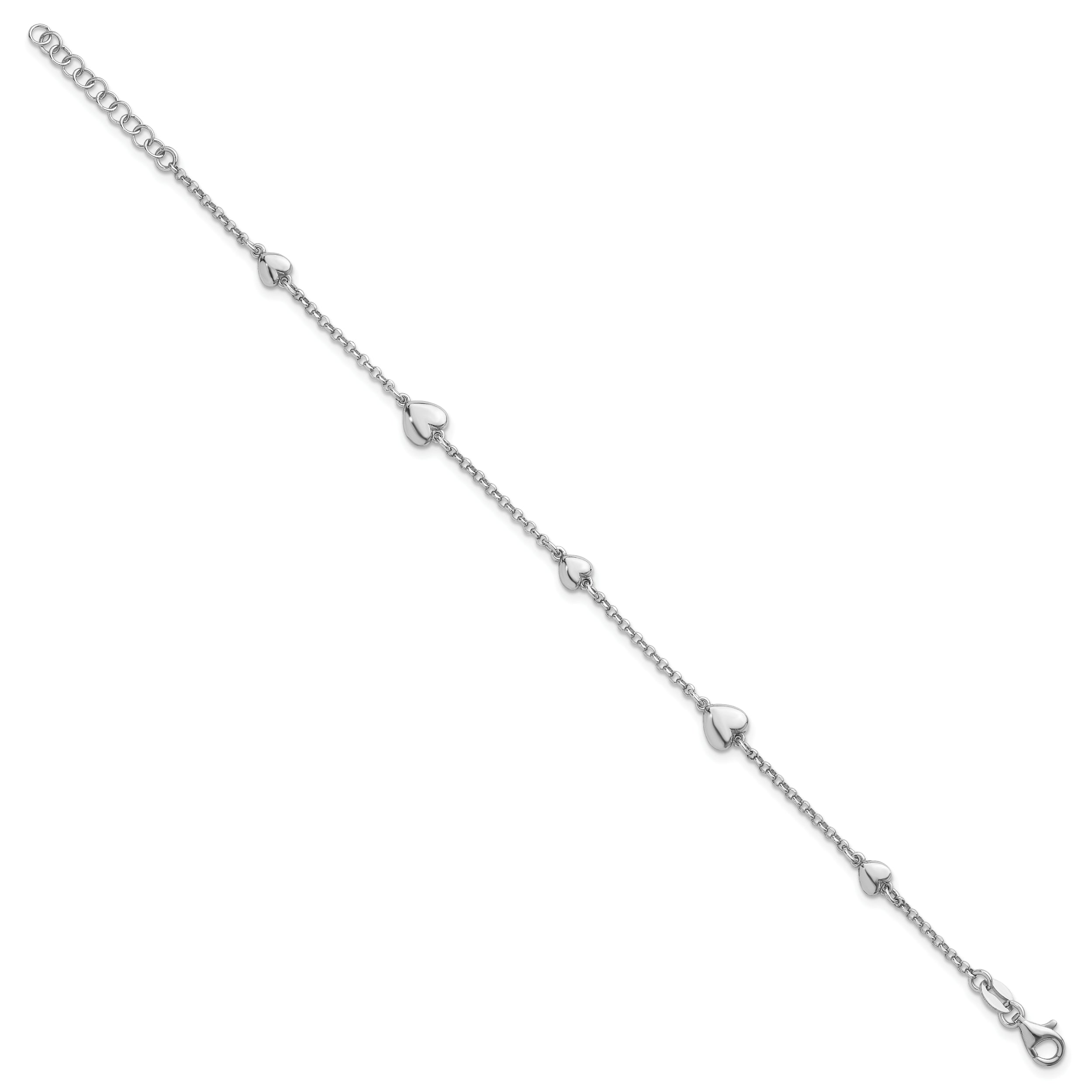 Sterling Silver Rhodium-plated Polished Five Puffed Hearts 7 inch with 1 inch Extender Bracelet