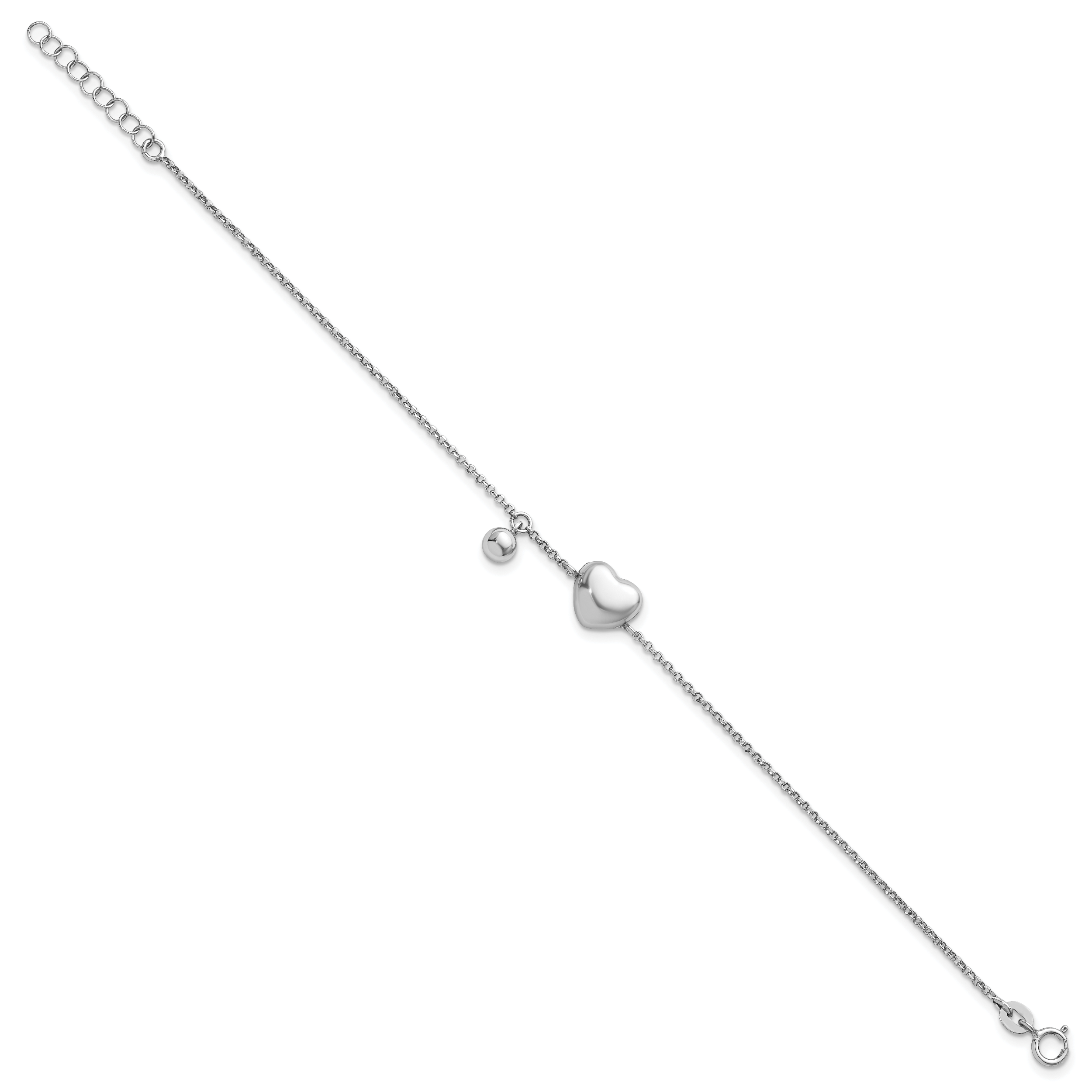 Sterling Silver Rhodium-plated Polished Puffed Heart and Ball 7 inch with 1 inch Extender Bracelet Secondary image