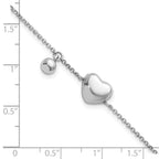 Sterling Silver Rhodium-plated Polished Puffed Heart and Ball 7 inch with 1 inch Extender Bracelet