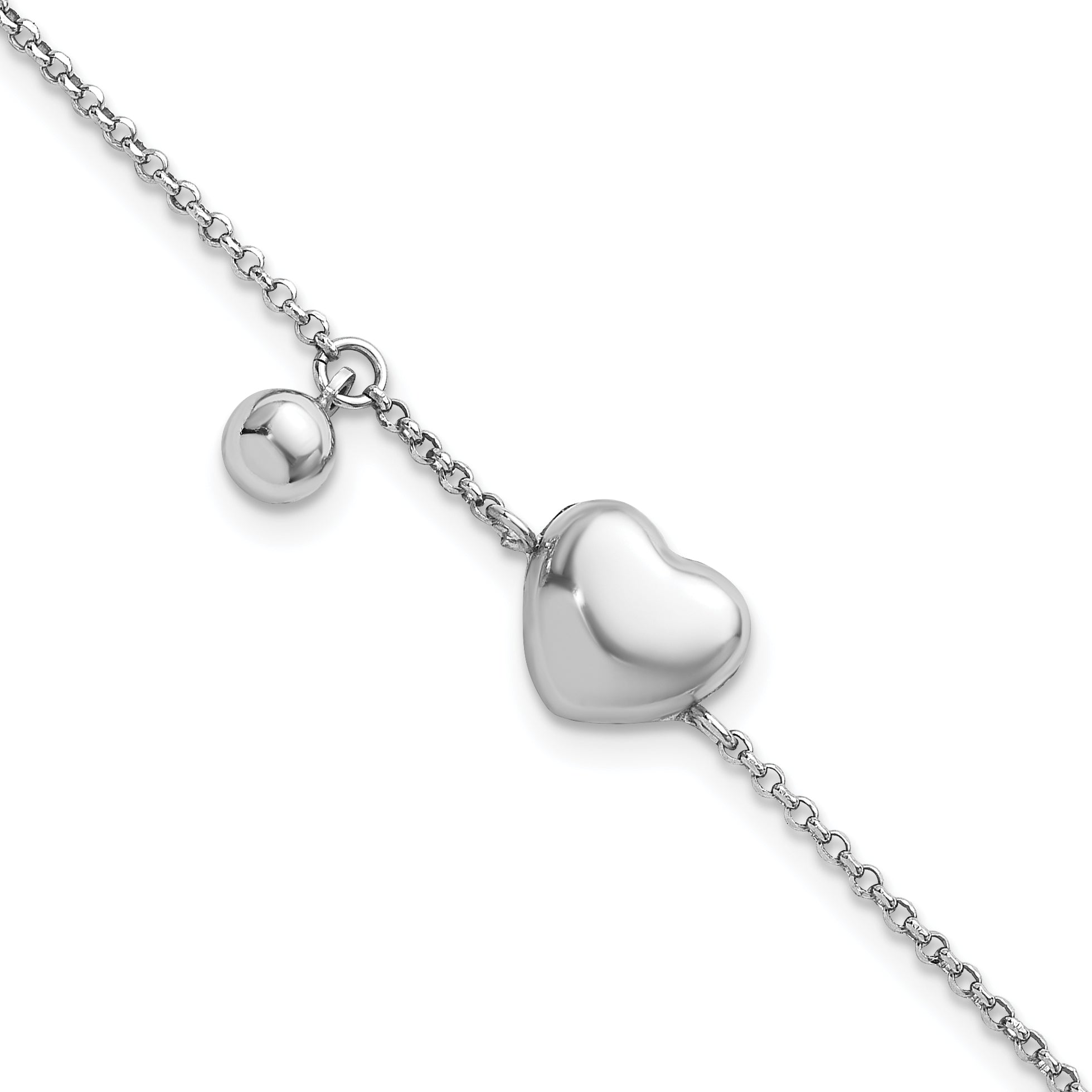 Sterling Silver Rhodium-plated Polished Puffed Heart and Ball 7 inch with 1 inch Extender Bracelet Main image