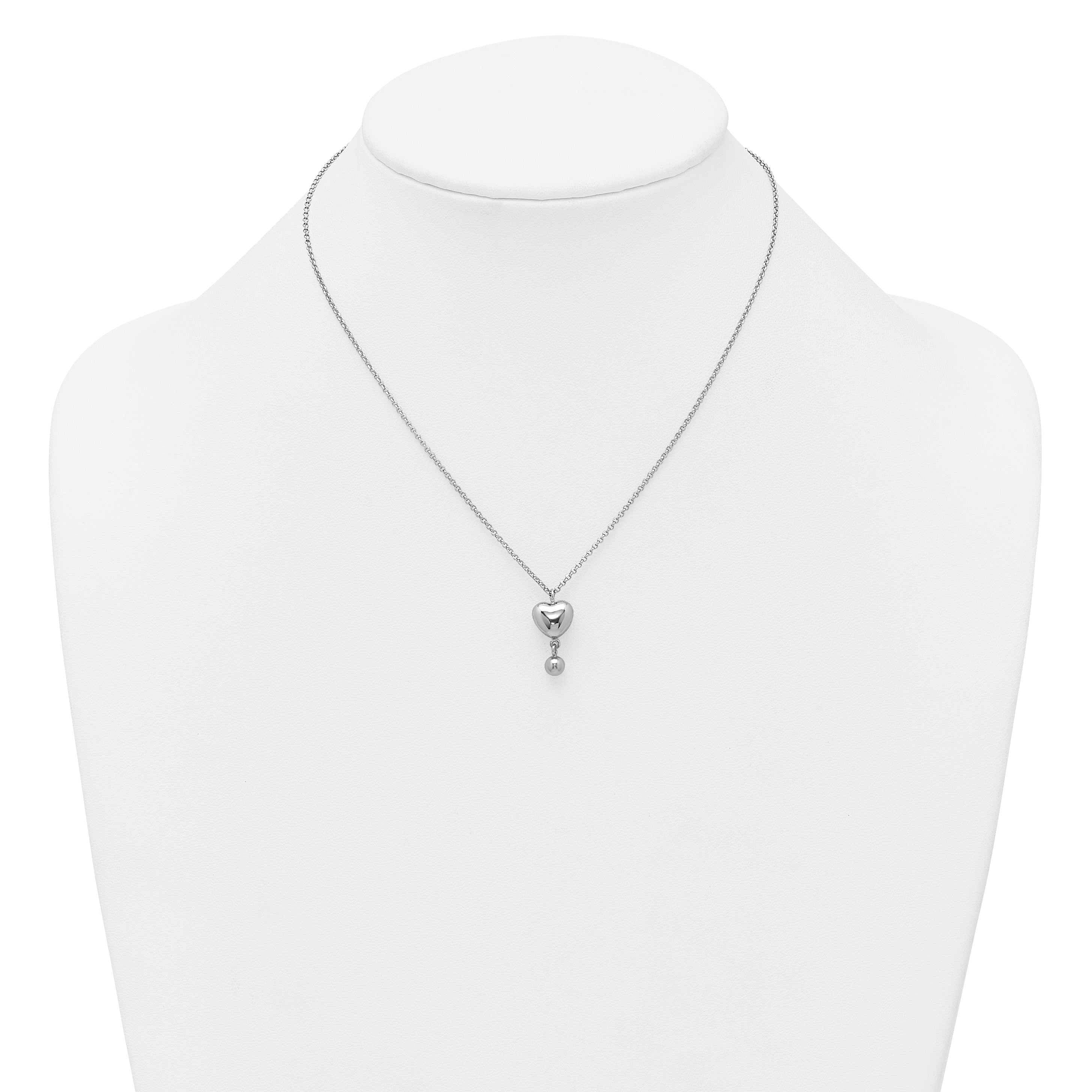 Sterling Silver Rhodium-plated Polished Puffed Heart and Ball Dangle 16 inch with 1 inch Extender Necklace