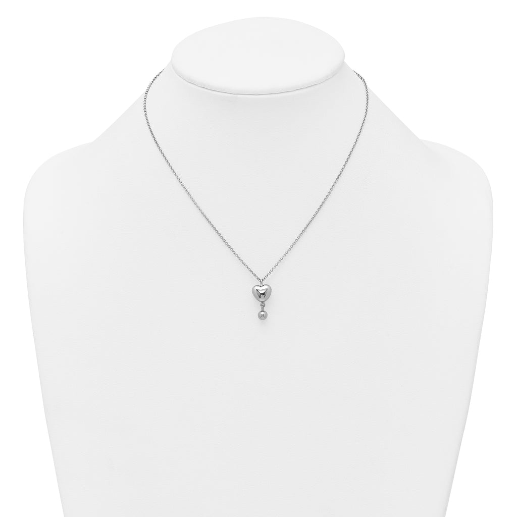 Sterling Silver Rhodium-plated Polished Puffed Heart and Ball Dangle 16 inch with 1 inch Extender Necklace