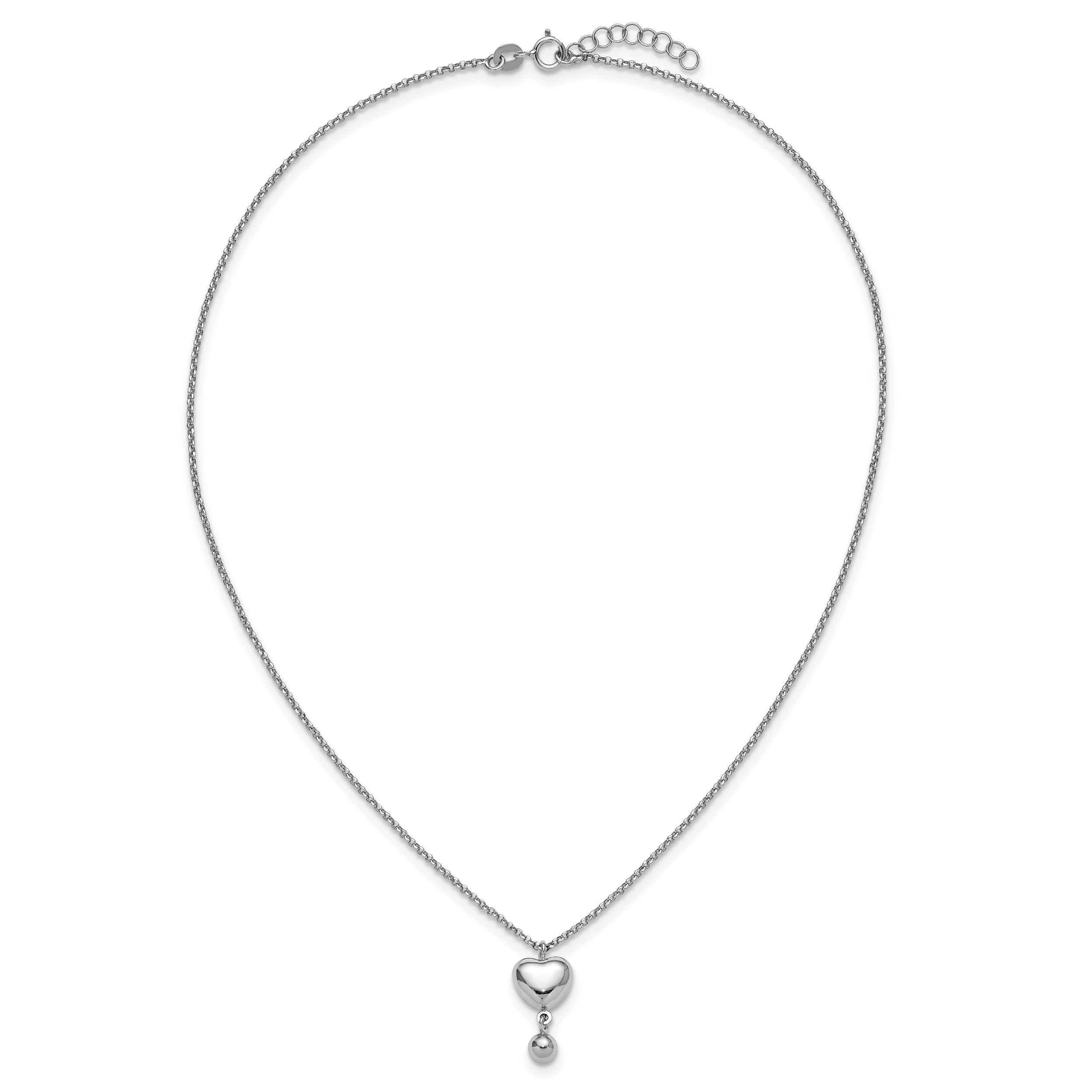 Sterling Silver Rhodium-plated Polished Puffed Heart and Ball Dangle 16 inch with 1 inch Extender Necklace