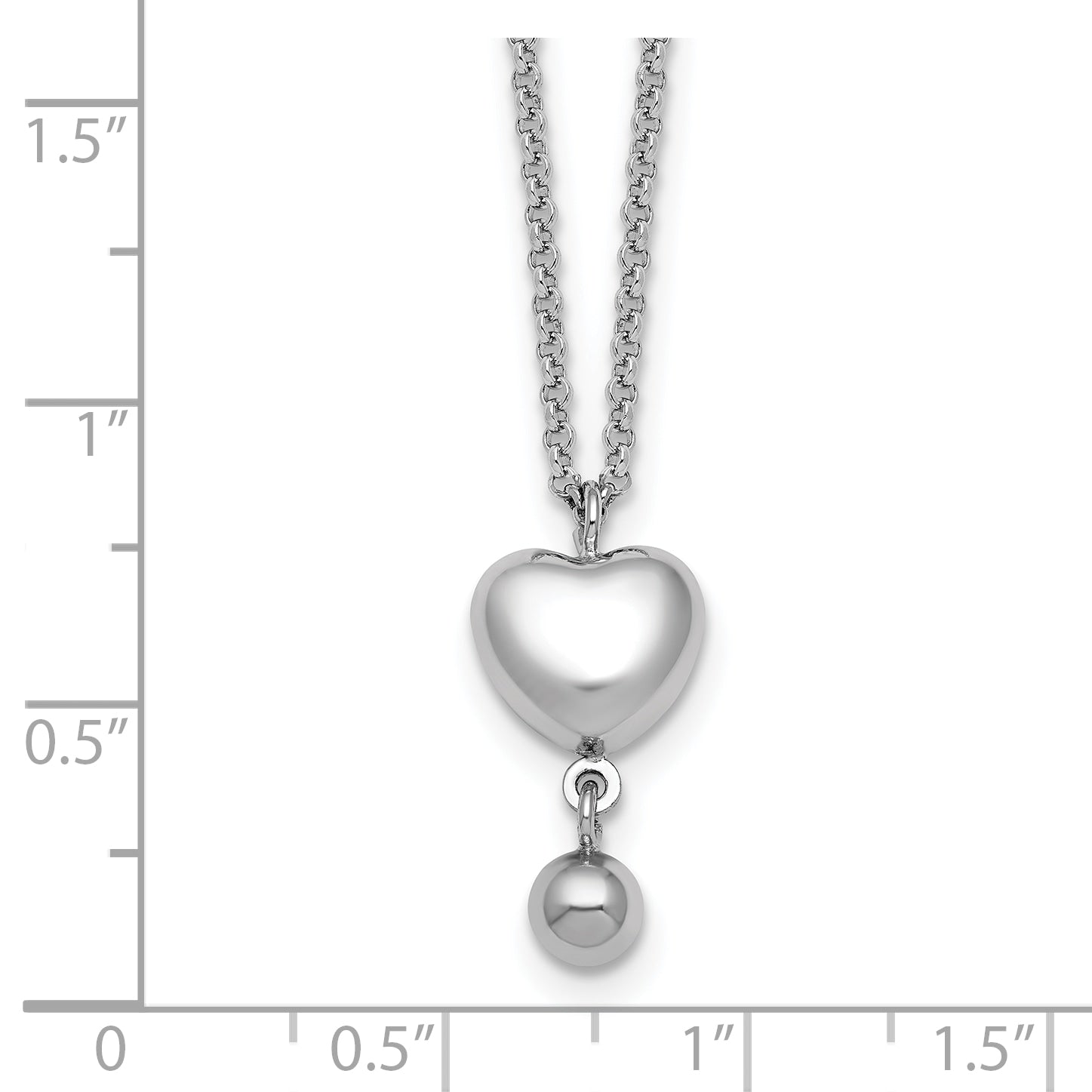 Sterling Silver Rhodium-plated Polished Puffed Heart and Ball Dangle 16 inch with 1 inch Extender Necklace