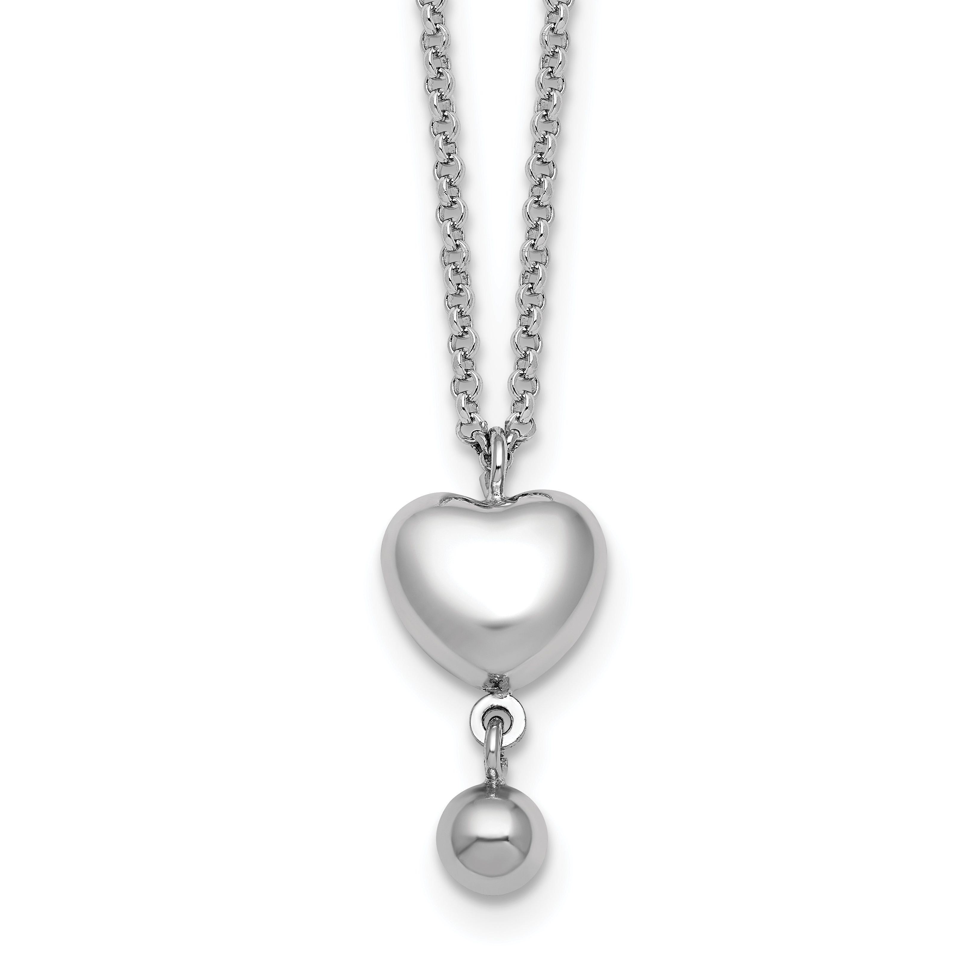 Sterling Silver Rhodium-plated Polished Puffed Heart and Ball Dangle 16 inch with 1 inch Extender Necklace Main image