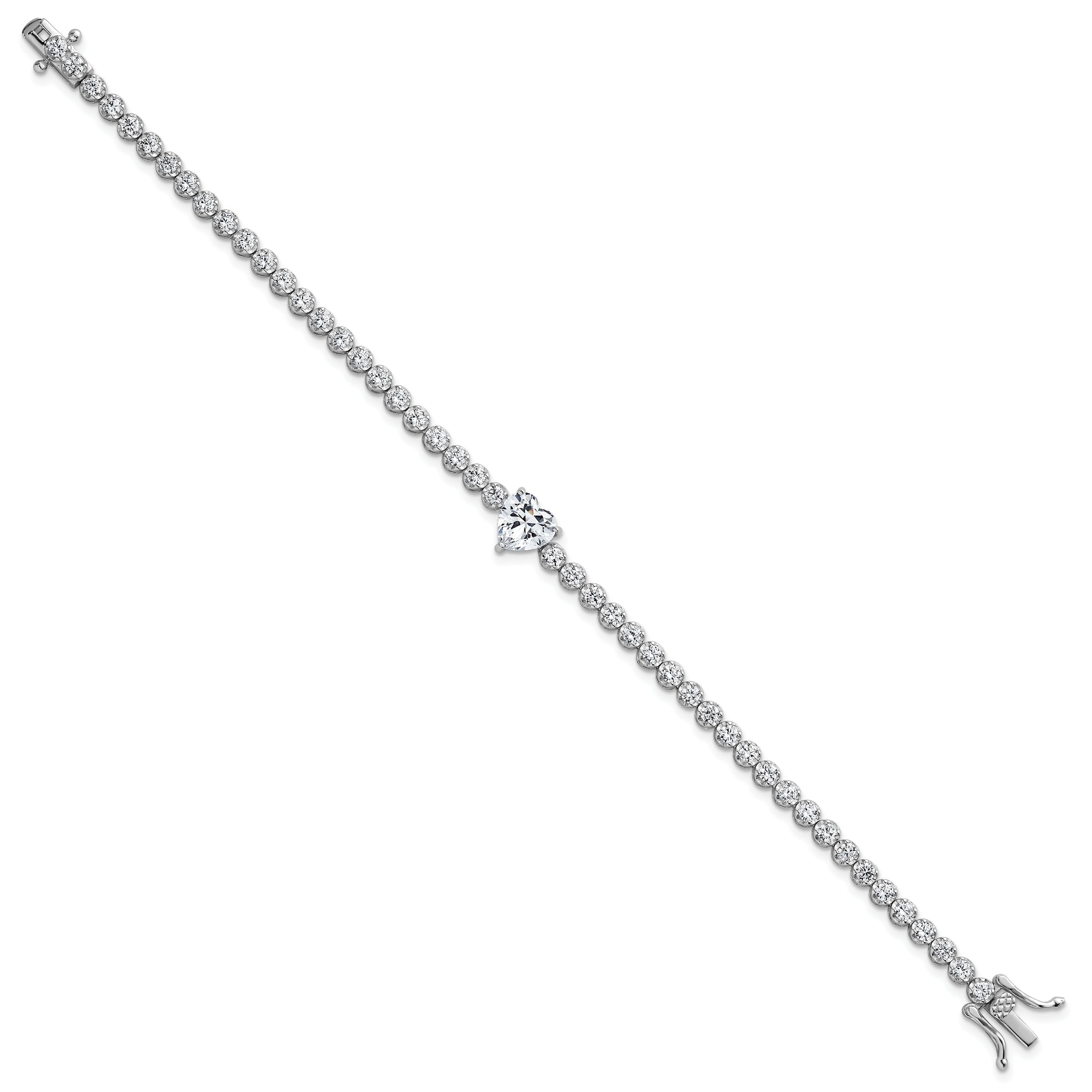 Sterling Silver Rhodium-plated Polished Round and Heart CZ 7.25 Inch Bracelet