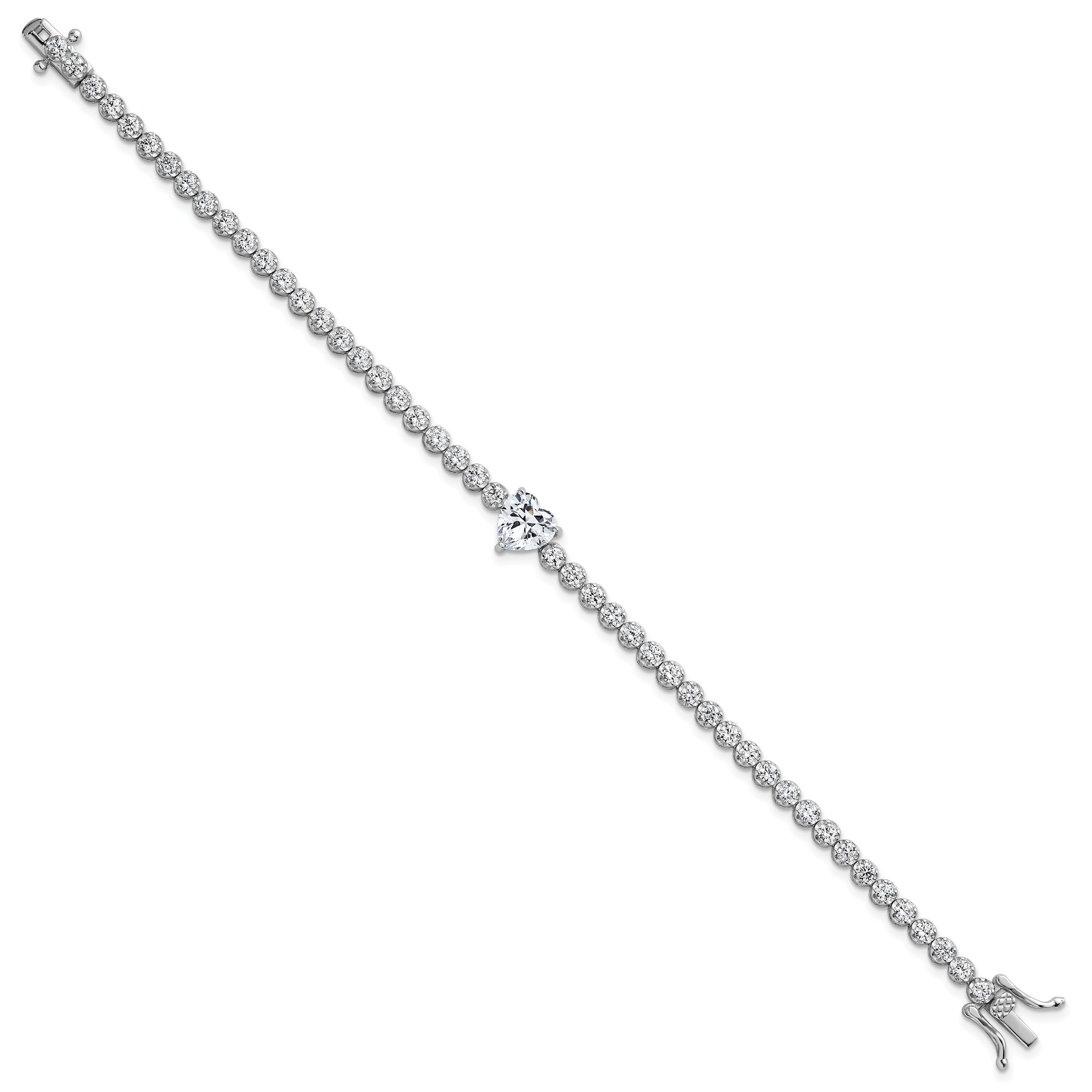 Sterling Silver Rhodium-plated Polished Round and Heart CZ 7.25 Inch Bracelet Secondary image