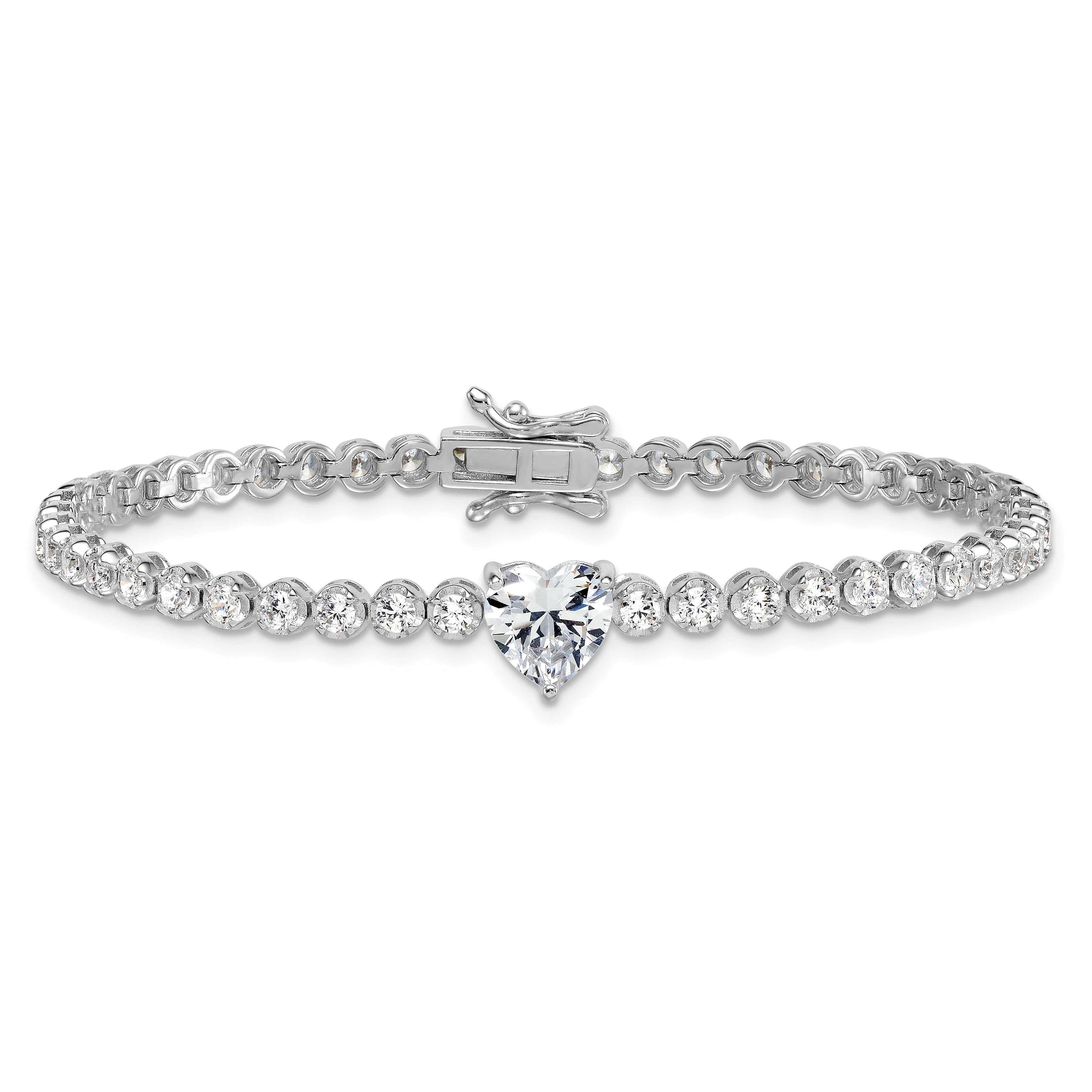 Sterling Silver Rhodium-plated Polished Round and Heart CZ 7.25 Inch Bracelet