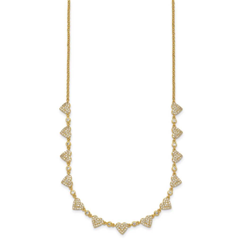Sterling Silver Gold-tone Polished Pave CZ Hearts 16 Inch with 2 Inch Extension Necklace