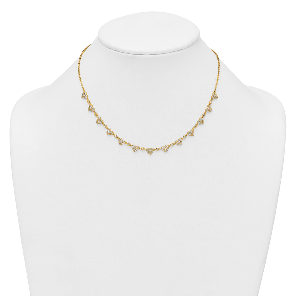 Sterling Silver Gold-tone Polished Pave CZ Hearts 16 Inch with 2 Inch Extension Necklace
