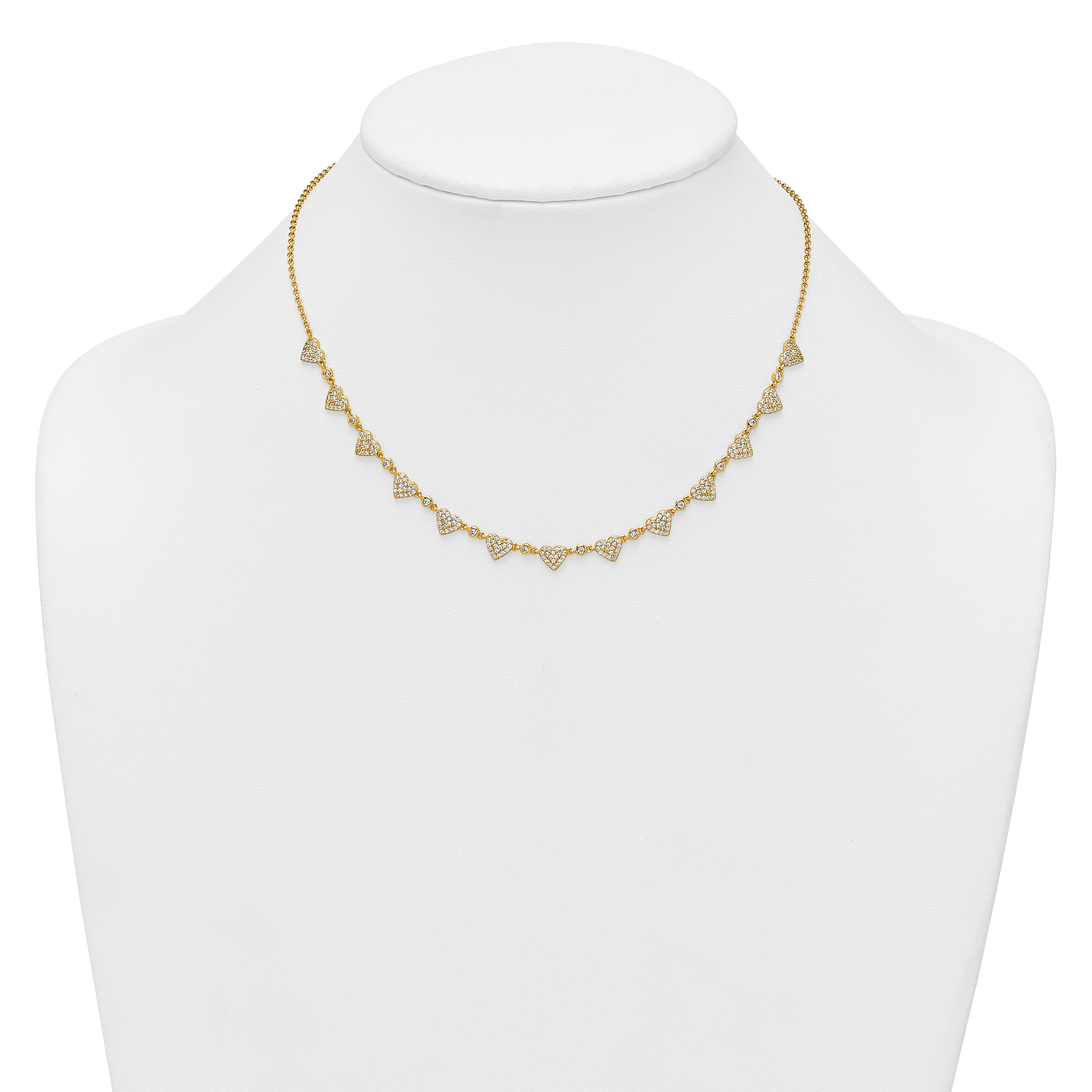 Sterling Silver Gold-tone Polished Pave CZ Hearts 16 Inch with 2 Inch Extension Necklace