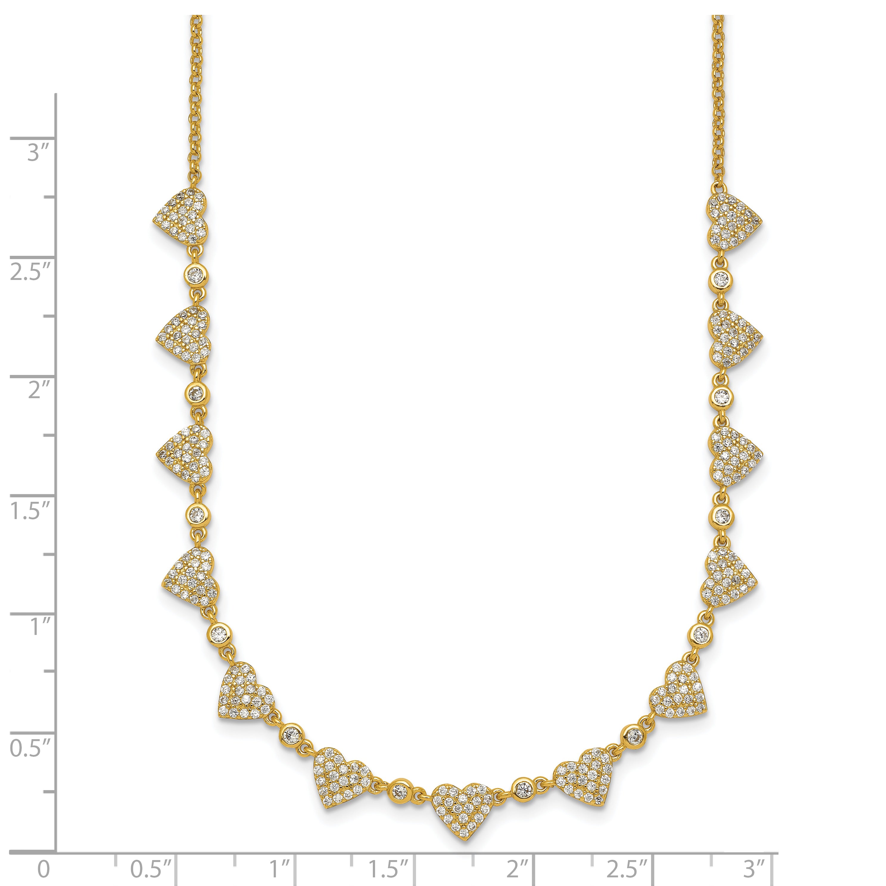 Sterling Silver Gold-tone Polished Pave CZ Hearts 16 Inch with 2 Inch Extension Necklace