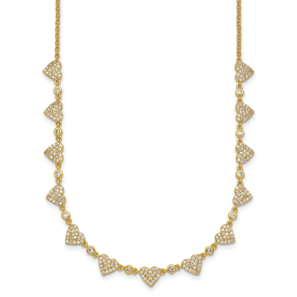 Sterling Silver Gold-tone Polished Pave CZ Hearts 16 Inch with 2 Inch Extension Necklace