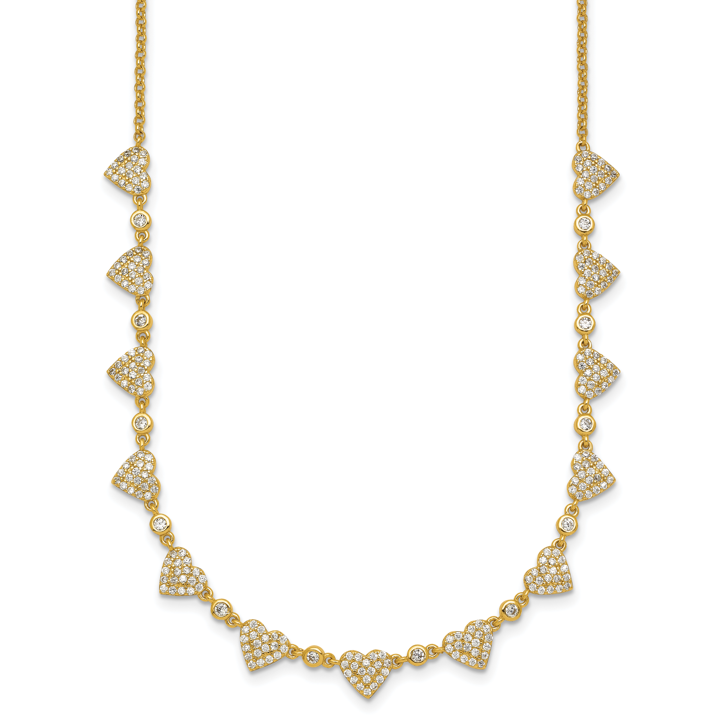 Sterling Silver Gold-tone Polished Pave CZ Hearts 16 Inch with 2 Inch Extension Necklace