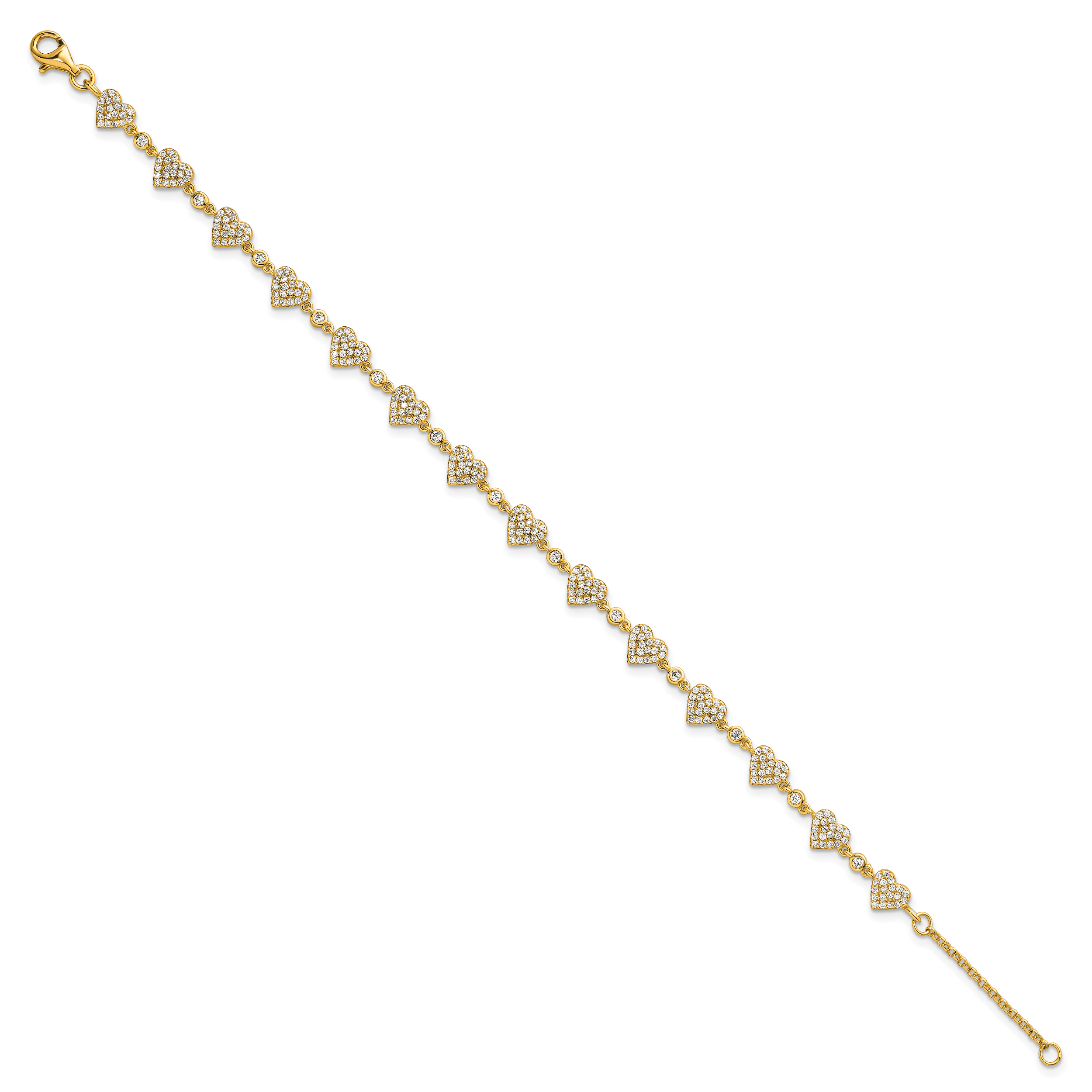 Sterling Silver Gold-tone Polished Pave CZ Hearts 7 Inch with 1 Inch Extension Bracelet Secondary image
