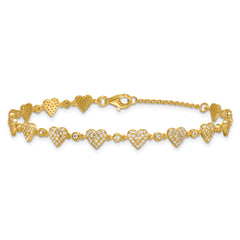 Sterling Silver Gold-tone Polished Pave CZ Hearts 7 Inch with 1 Inch Extension Bracelet