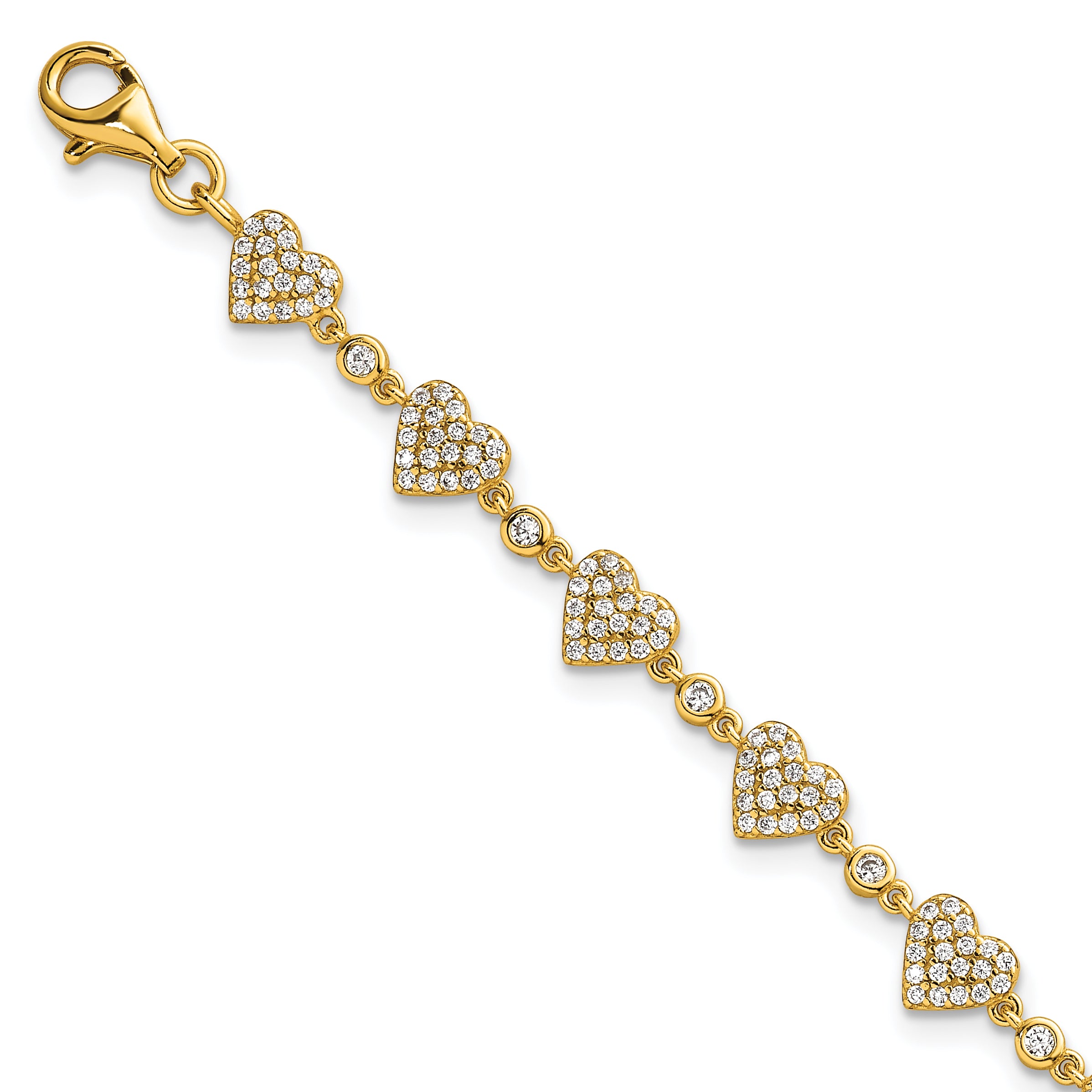 Sterling Silver Gold-tone Polished Pave CZ Hearts 7 Inch with 1 Inch Extension Bracelet Main image