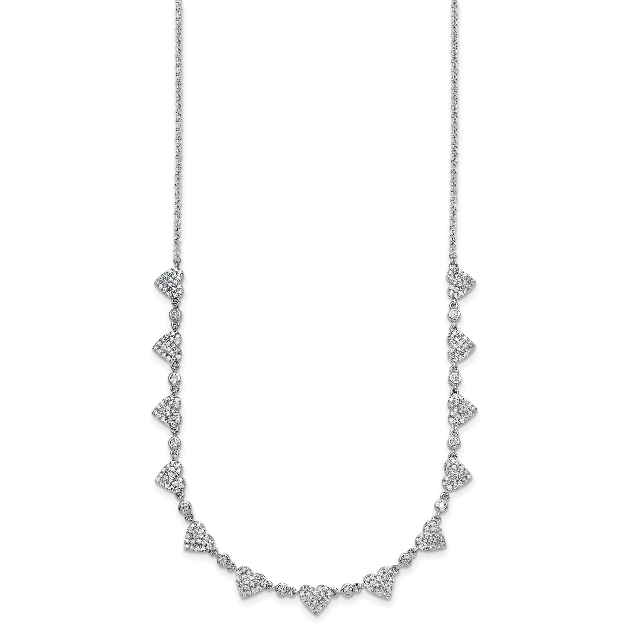 Sterling Silver Rhodium-plated Polished Pave CZ Hearts 16 Inch with 2 Inch Extension Necklace
