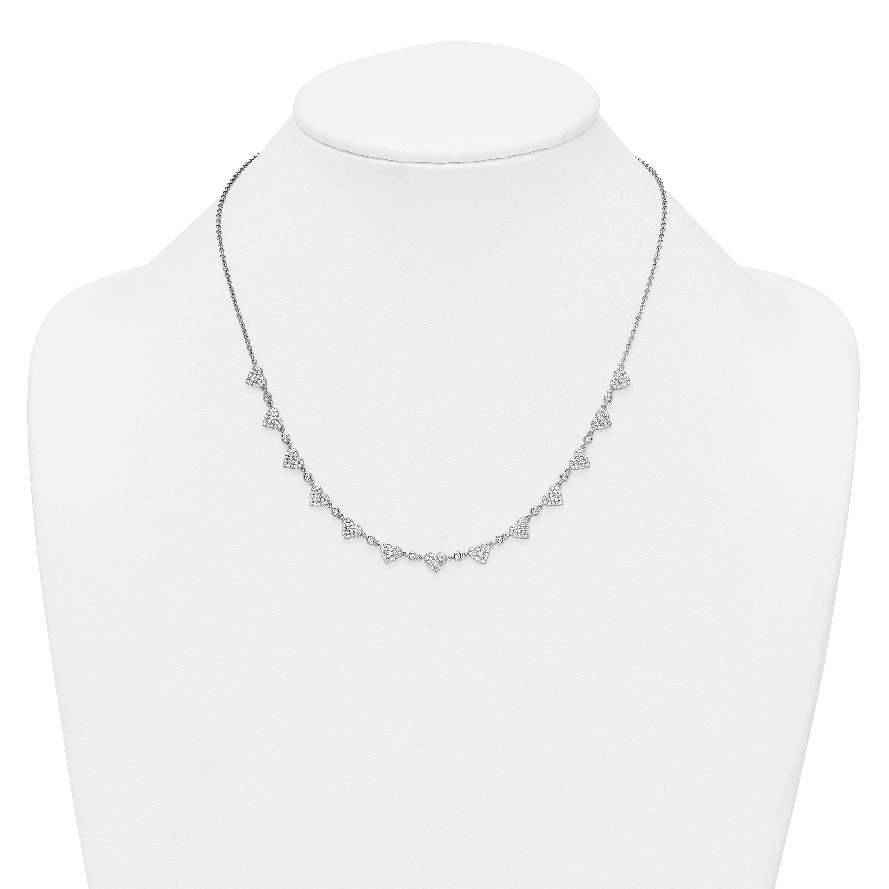 Sterling Silver Rhodium-plated Polished Pave CZ Hearts 16 Inch with 2 Inch Extension Necklace