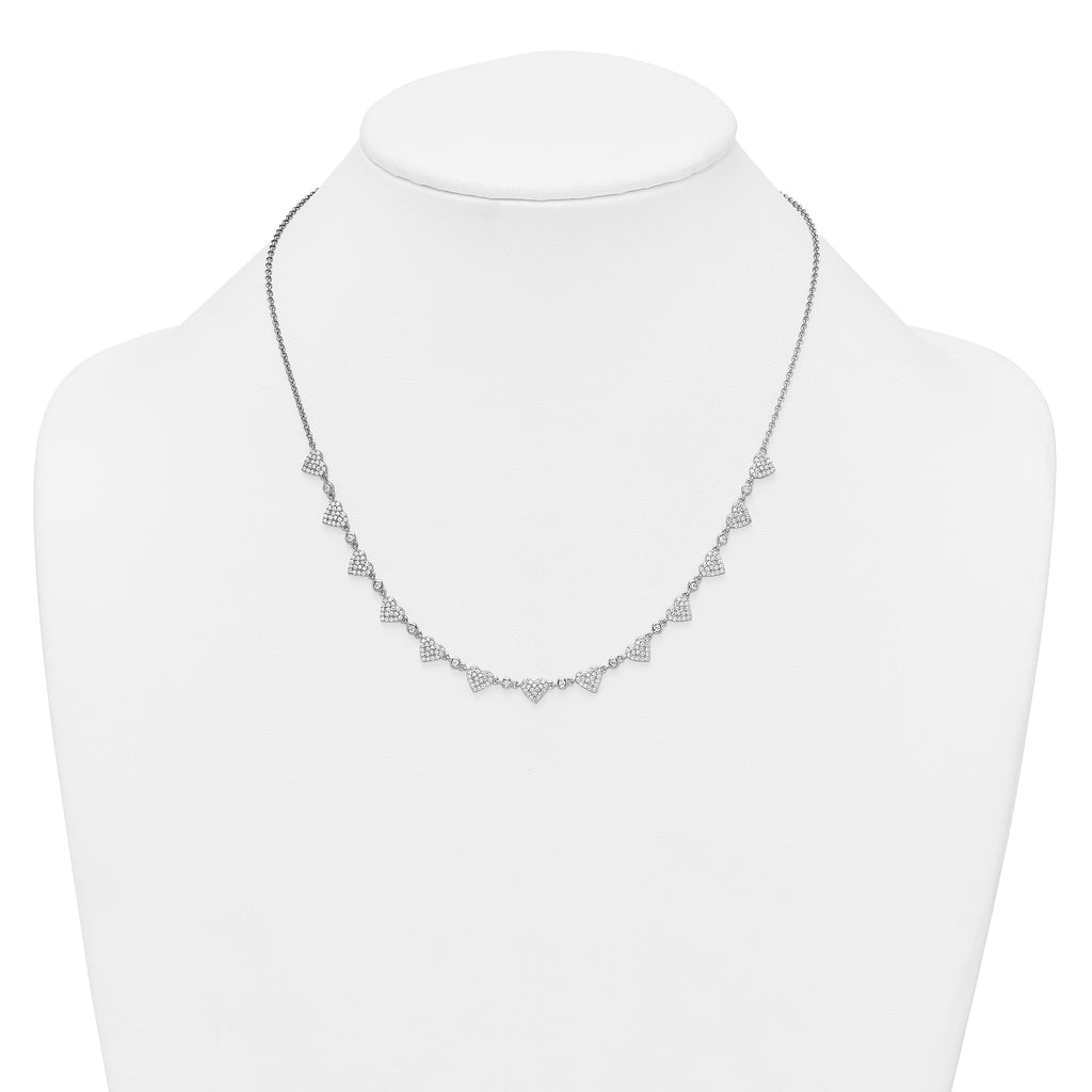 Sterling Silver Rhodium-plated Polished Pave CZ Hearts 16 Inch with 2 Inch Extension Necklace