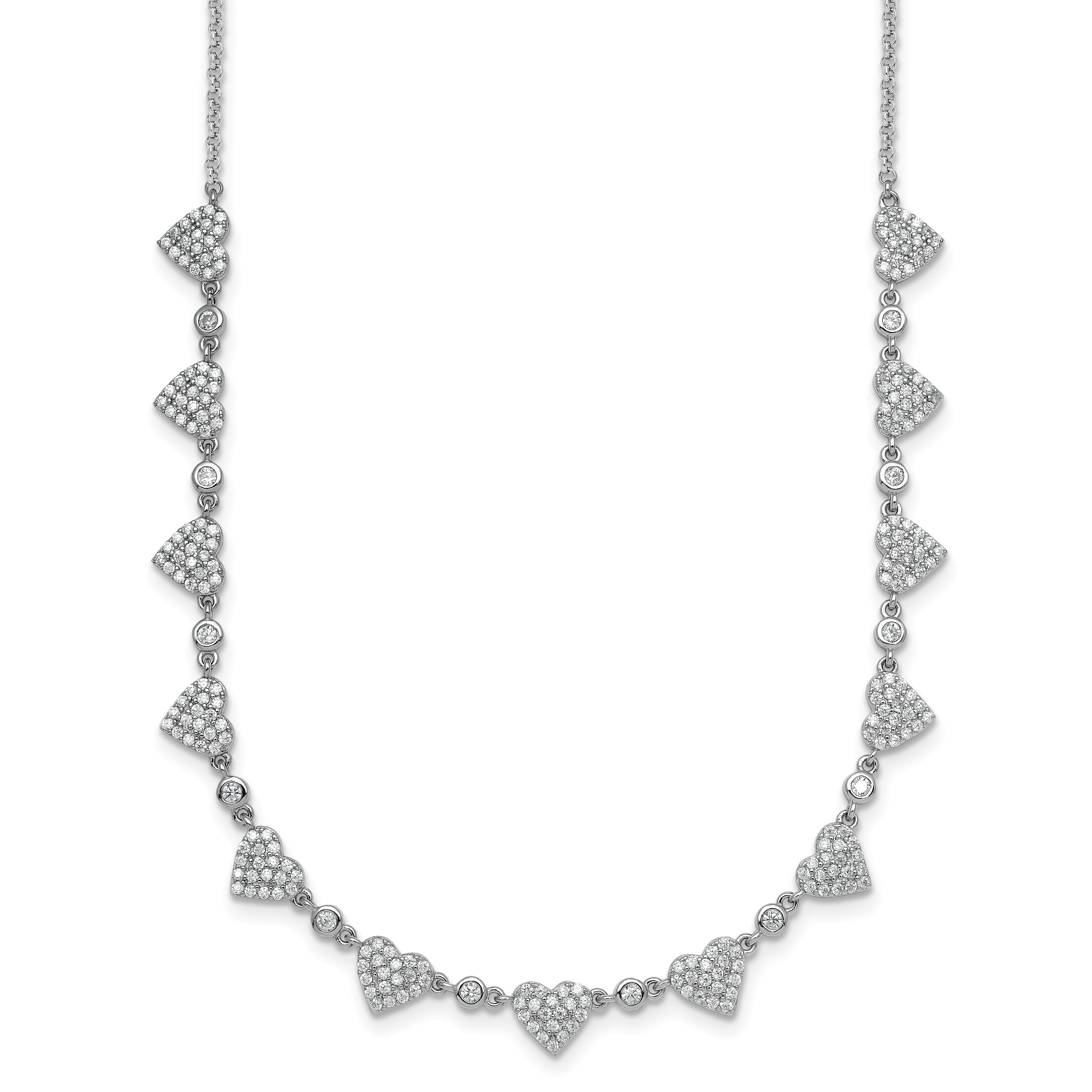 Sterling Silver Rhodium-plated Polished Pave CZ Hearts 16 Inch with 2 Inch Extension Necklace Main image