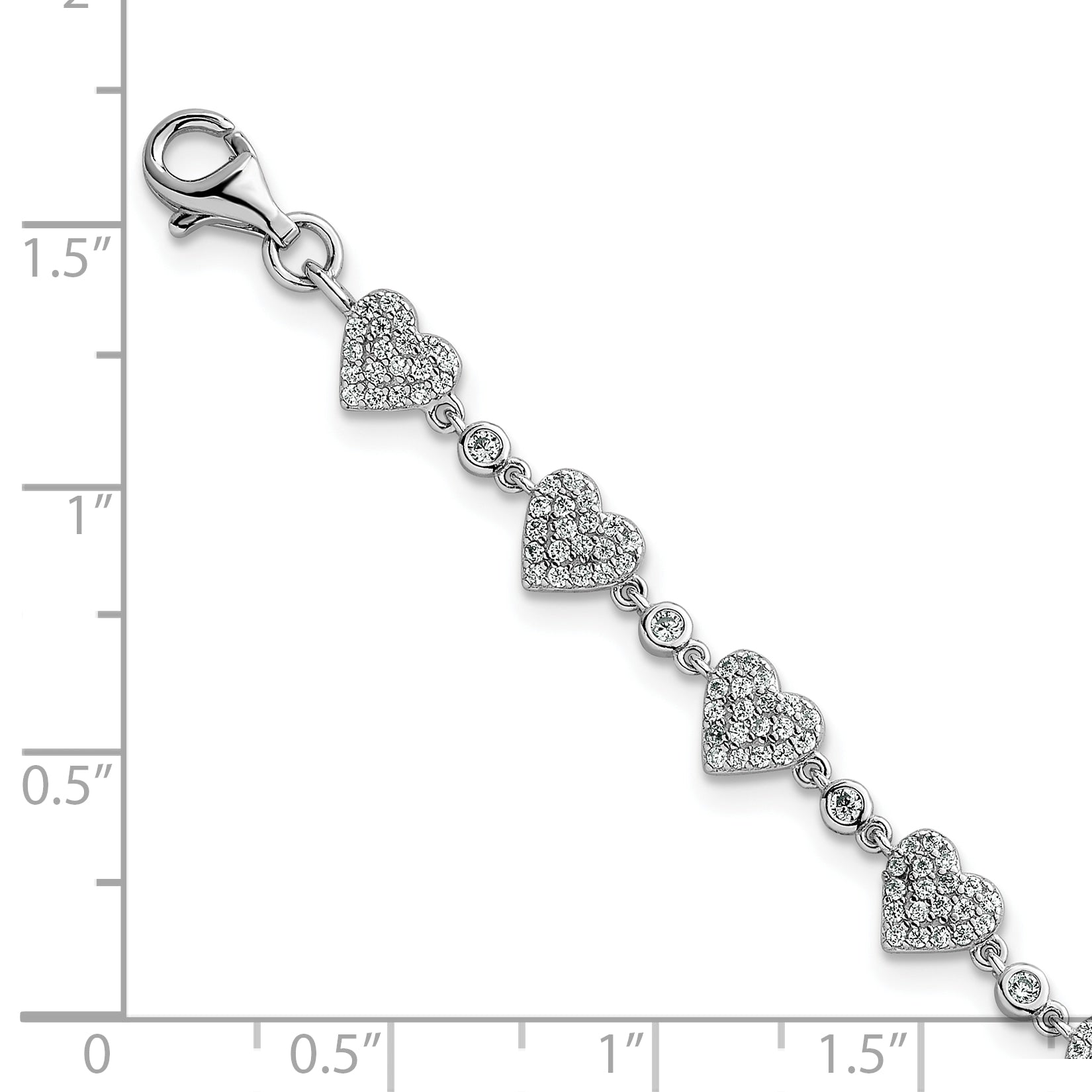Sterling Silver Rhodium-plated Polished Pave CZ Hearts 7 Inch with 1 Inch Extension Bracelet
