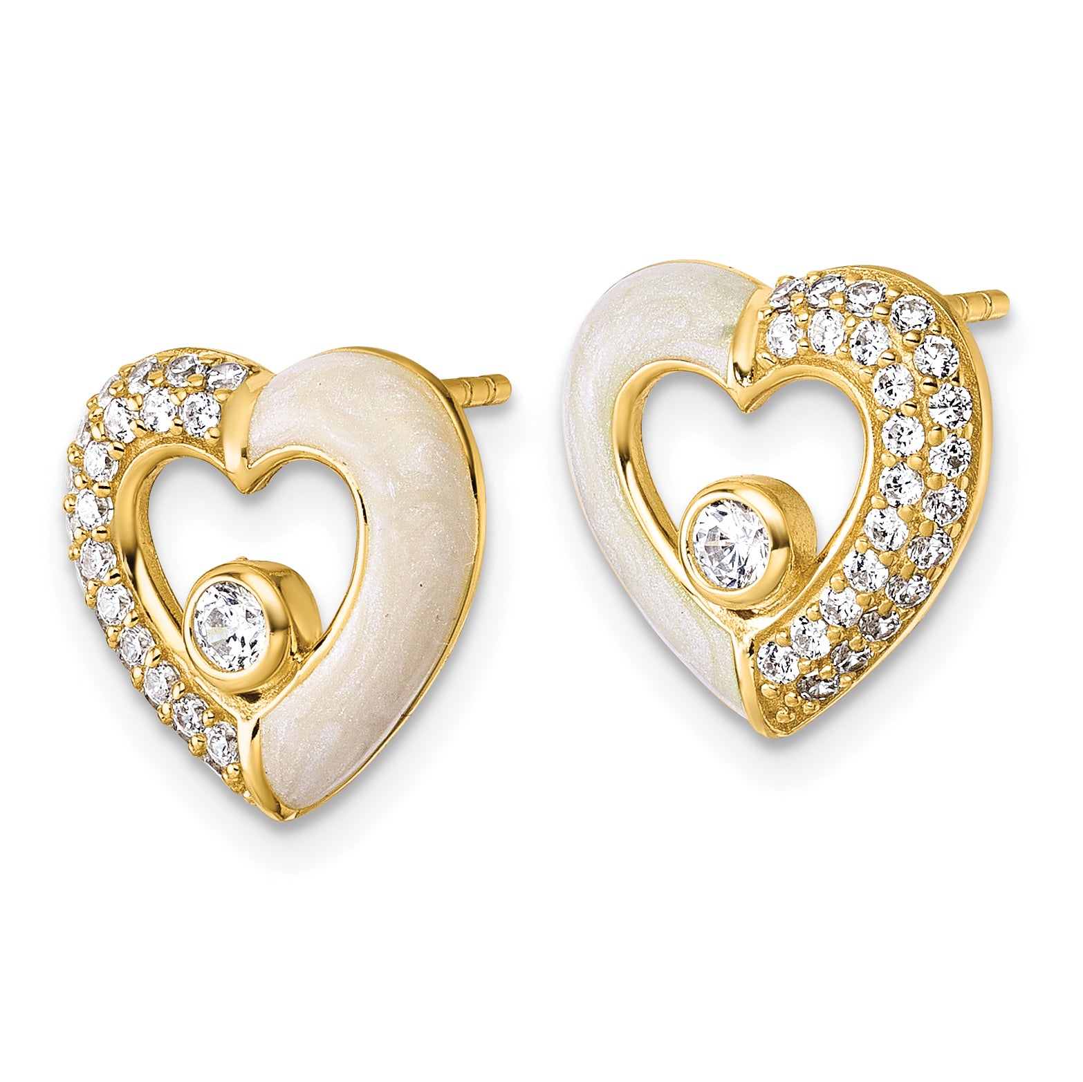 Sterling Silver Gold-tone Polished CZ and Champagne Enamel Open Heart Post Earrings Secondary image