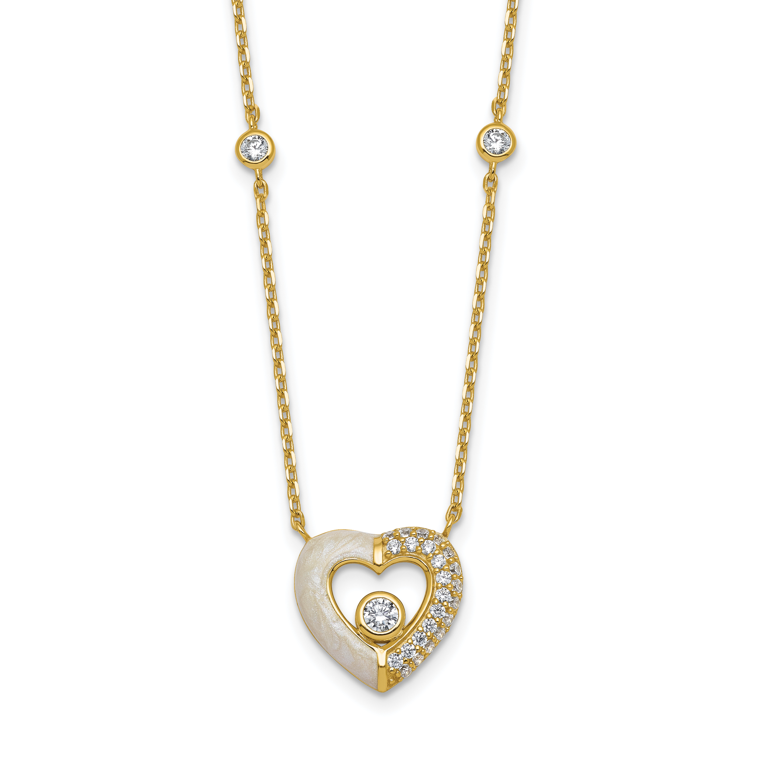 Sterling Silver Gold-tone Polished CZ and Champagne Enamel Open Heart 16 inch with 2 inch Extension Necklace Main image