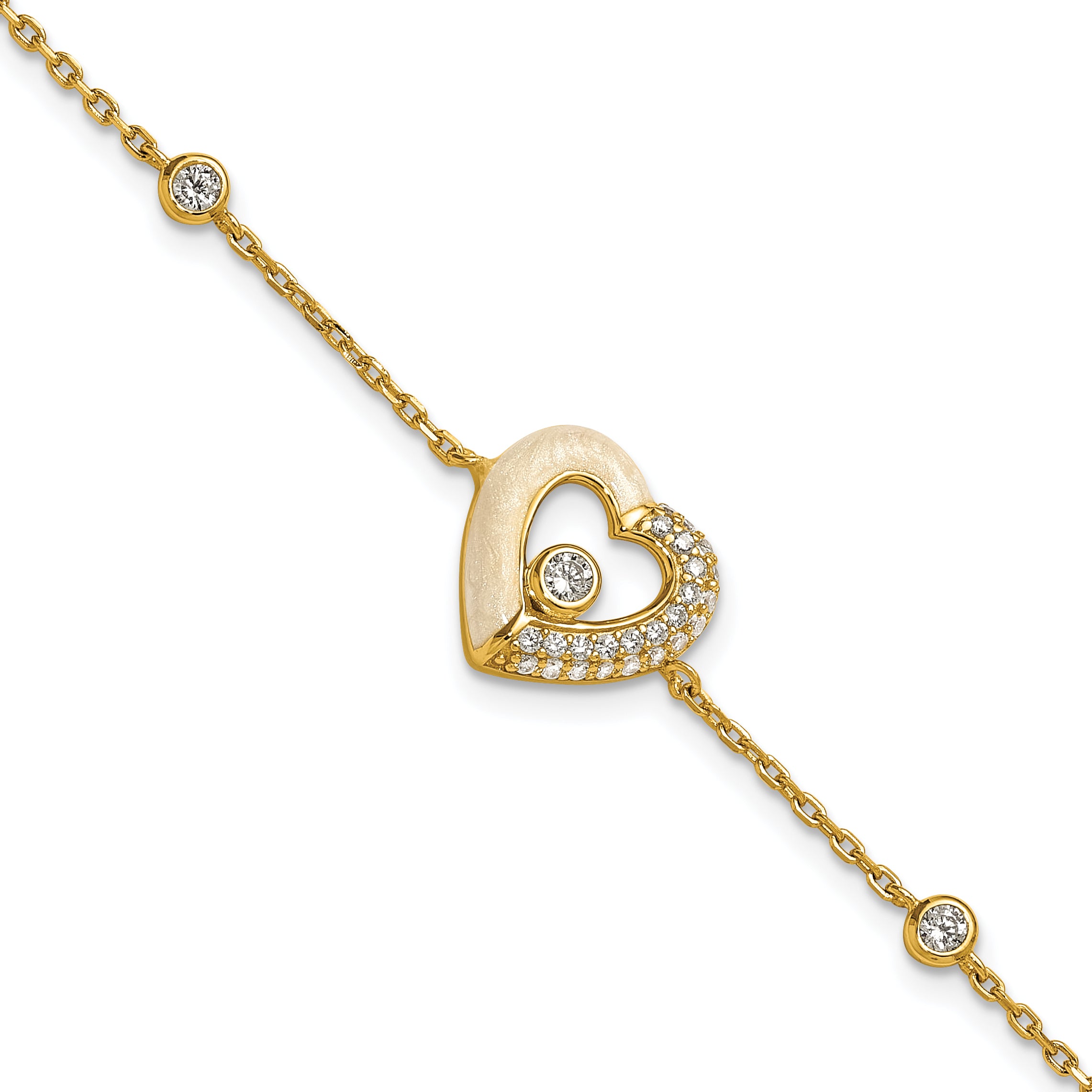 Sterling Silver Gold-tone Polished CZ and Champagne Enamel Open Heart 7 inch with 1 inch Extension Bracelet Main image